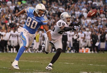 SAN DIEGO - DECEMBER 05:  Stanford Routt #26 of the Oakland Raiders breaks up a pass intended for wide receiver Malcolm Floyd #80 of the San Diego Chargers at Qualcomm Stadium on December 5, 2010 in San Diego, California. The Raiders defeated the Chargers