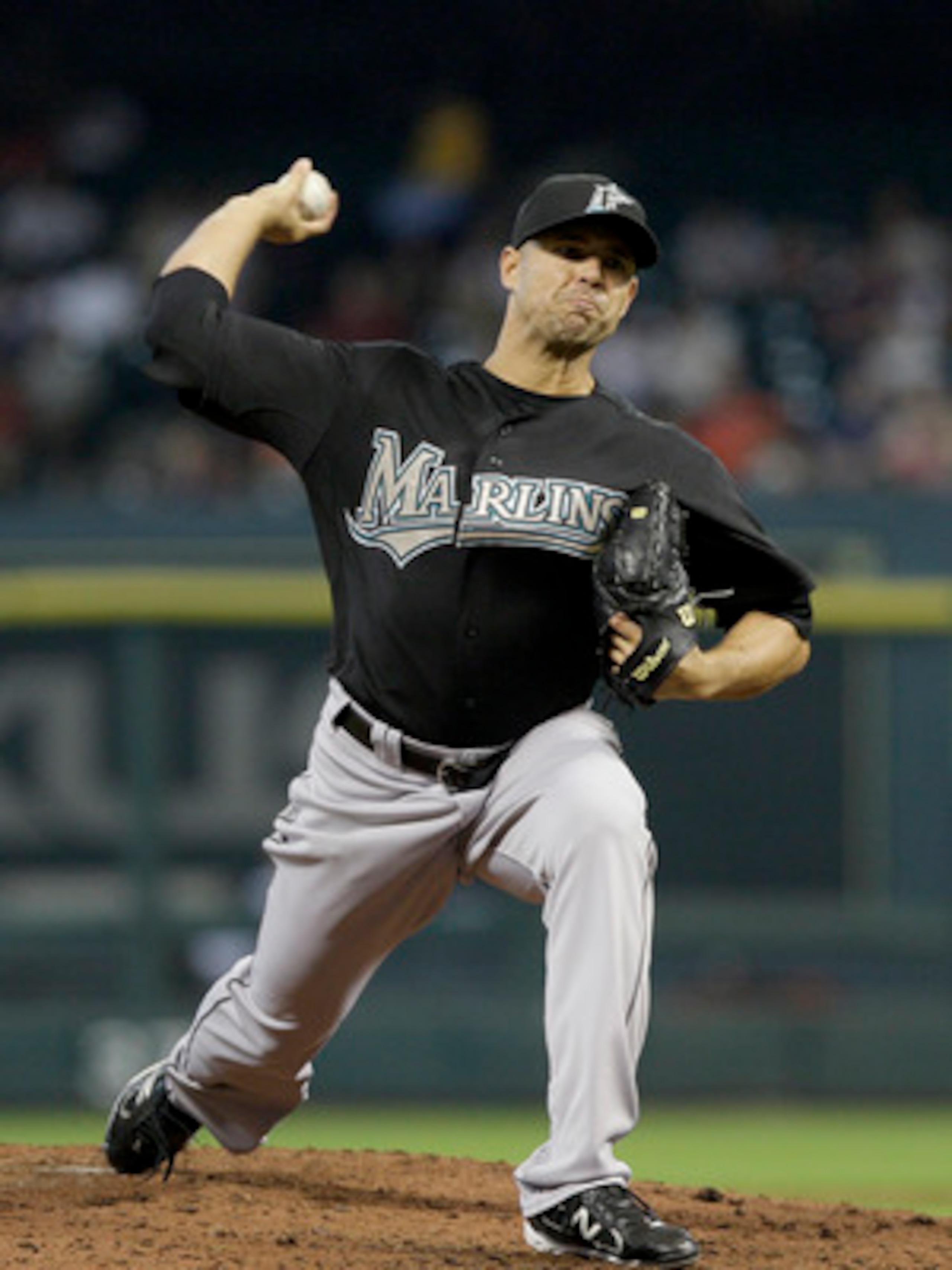HOUSTON, TX - APRIL 09 : Pitcher Javier Vasquez , #23 of the Florida Marlins pitches against  the Houston Astros in a MLB game on April 9, 2011 at Minute Maid Park in Houston, Texas. The Marlins won 4 to 3. (Photo by Thomas B. Shea / Getty Images)
