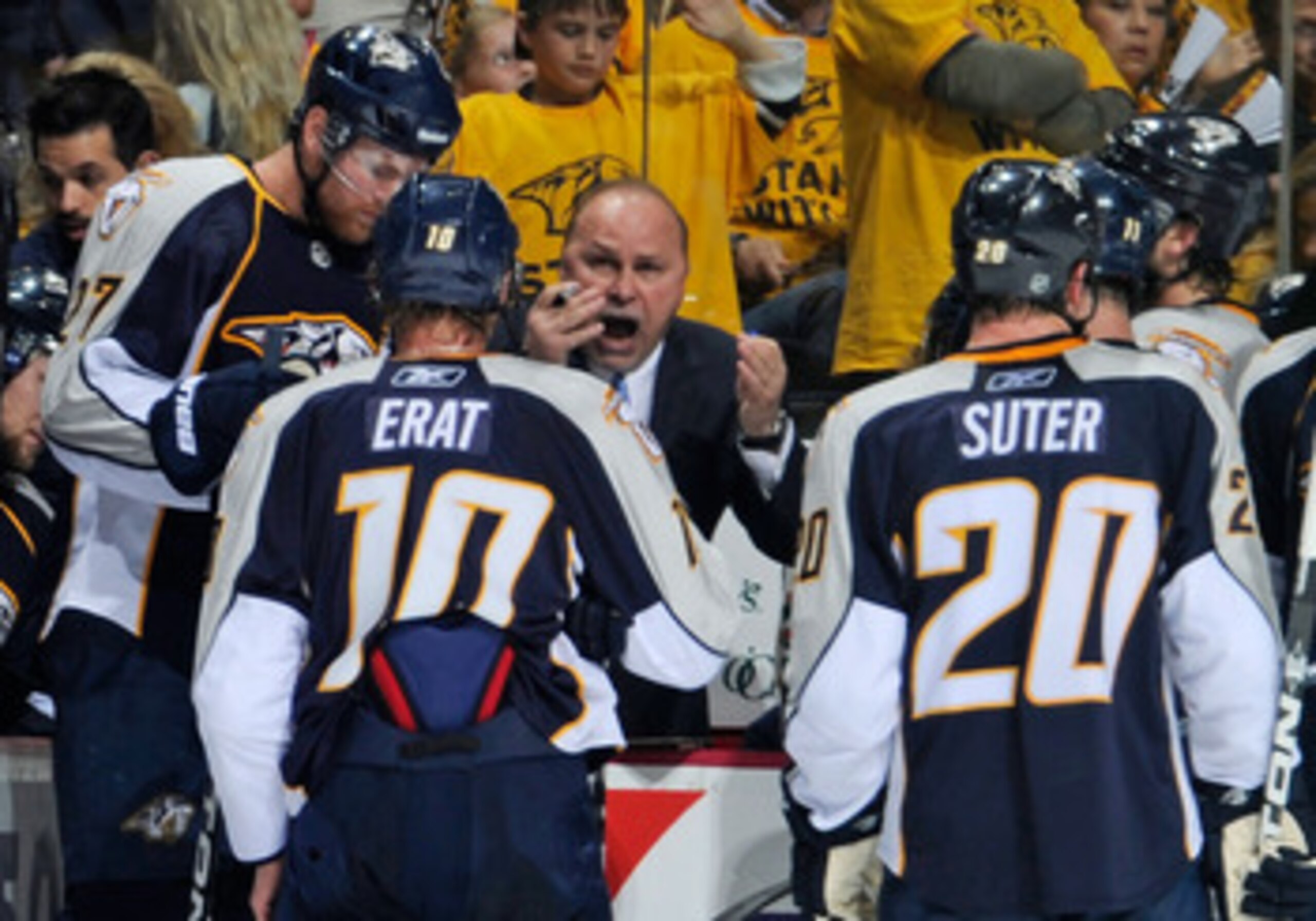 NASHVILLE, TN - MAY 05: Head coach Barry Trotz of the Nashville Predators talks to Martin Erat #10 and Ryan Suter #20 during a timeout prior to a two man advantage over the Vancouver Canucks in Game Four of the Western Conference Semifinals at Bridgeston NASHVILLE, TN - MAY 05: Head coach Barry Trotz of the Nashville Predators talks to Martin Erat #10 and Ryan Suter #20 during a timeout prior to a two man advantage over the Vancouver Canucks in Game Four of the Western Conference Semifinals at Bridgeston
