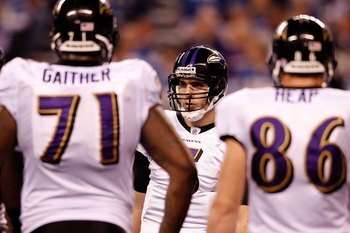 INDIANAPOLIS - JANUARY 16:  Quarterback Joe Flacco #5 of the Baltimore Ravens huddles with teammates against the Indianapolis Colts in the AFC Divisional Playoff Game at Lucas Oli Stadium on January 16, 2010 in Indianapolis, Indiana.  (Photo by Andy Lyons