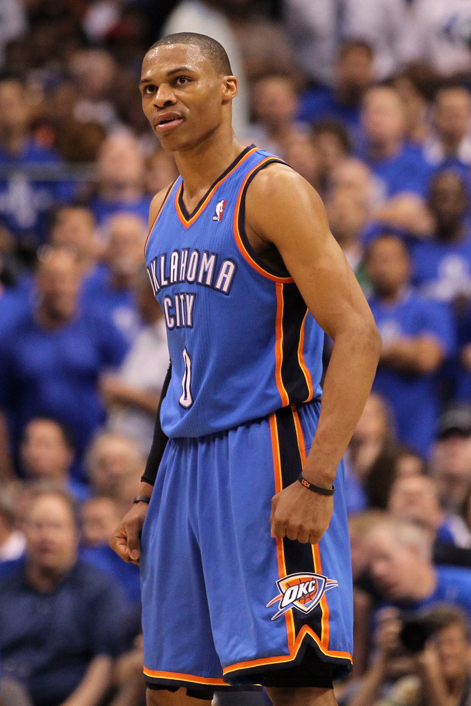 DALLAS, TX - MAY 25:  Russell Westbrook #0 of the Oklahoma City Thunder reacts in the fourth quarter while taking on the Dallas Mavericks in Game Five of the Western Conference Finals during the 2011 NBA Playoffs at American Airlines Center on May 25, 201