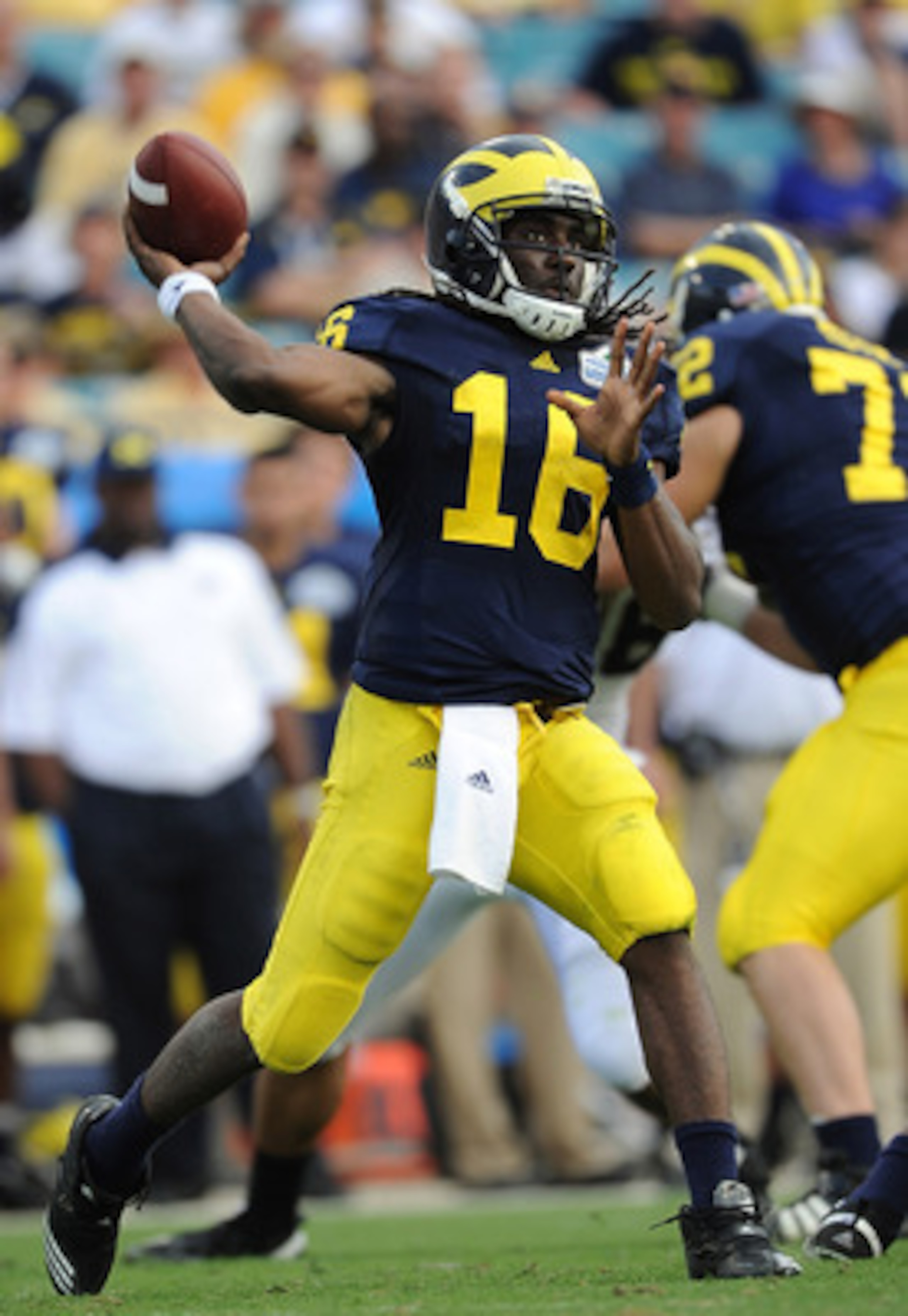 JACKSONVILLE, FL - JANUARY 01: Quarterback Denard Robinson #16 of the Michigan Wolverines passes against the Mississippi State Bulldogs during the Gator Bowl at EverBank Field on January 1, 2011 in Jacksonville, Florida (Photo by Rick Dole/Getty Images) JACKSONVILLE, FL - JANUARY 01: Quarterback Denard Robinson #16 of the Michigan Wolverines passes against the Mississippi State Bulldogs during the Gator Bowl at EverBank Field on January 1, 2011 in Jacksonville, Florida (Photo by Rick Dole/Getty Images)