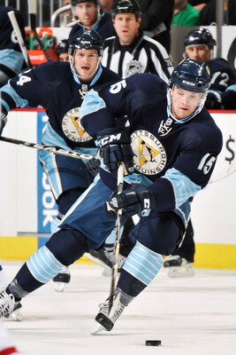 PITTSBURGH, PA - MARCH 12:  Dustin Jeffrey #15 of the Pittsburgh Penguins skates with the puck against the Montreal Canadiens on March 12, 2011 at CONSOL Energy Center in Pittsburgh, Pennsylvania.  (Photo by Jamie Sabau/Getty Images)