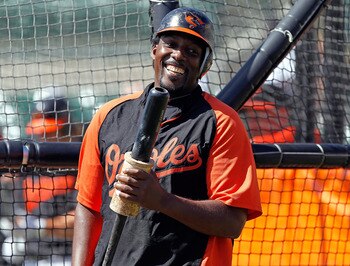 SARASOTA, FL - MARCH 03:  Designated hitter Vladimir Guerrero #27 of the Baltimore Orioles smiles during batting practice just before the Grapefruit League Spring Training Game against the Minnesota Twins at Ed Smith Stadium on March 3, 2011 in Sarasota,