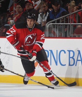 NEWARK, NJ - SEPTEMBER 28: Pierre-Luc Letourneau-Leblond #22 of the New Jersey Devils skates against the Philadelphia Flyers at the Prudential Center on September 28, 2010 in Newark, New Jersey. (Photo by Bruce Bennett/Getty Images)