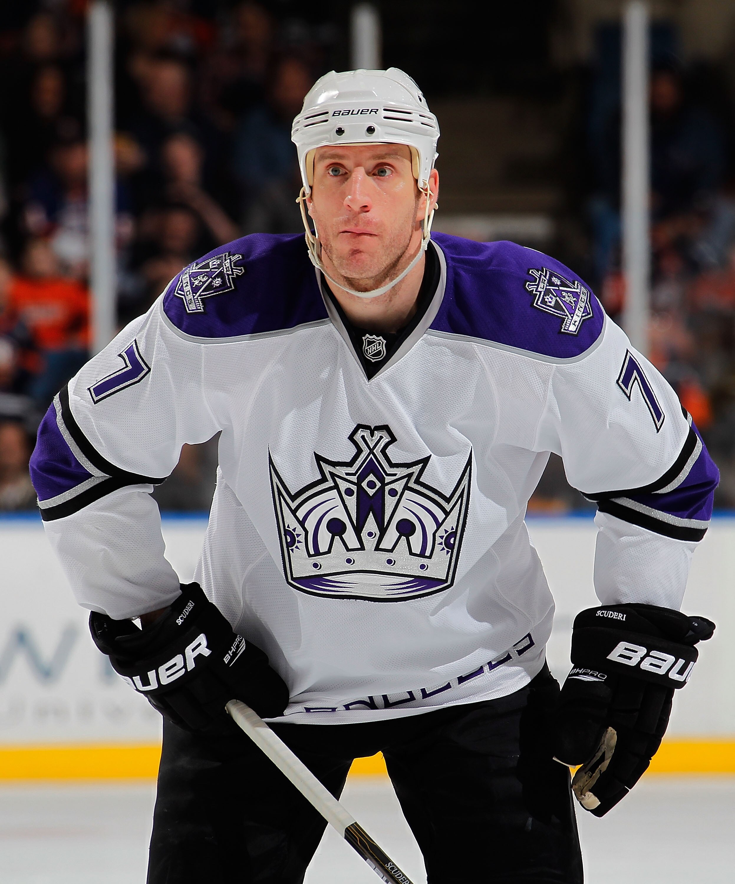 UNIONDALE, NY - FEBRUARY 19:  Rob Scuderi #7 of the Los Angeles Kings waits for a faceoff during an NHL hockey game against the New York Islanders at the Nassau Coliseum on February 19, 2011 in Uniondale, New York.  (Photo by Paul Bereswill/Getty Images)
