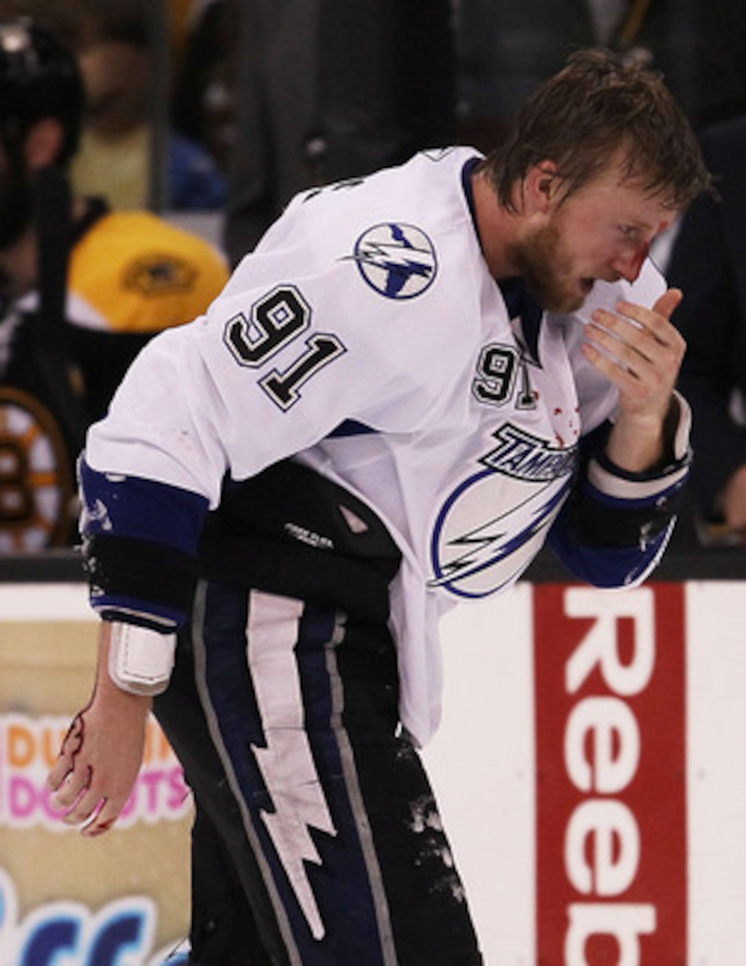 BOSTON, MA - MAY 27: Steven Stamkos #91 of the Tampa Bay Lightning skates off the ice after being hit in the face with the puck in the second period of Game Seven of the Eastern Conference Finals against the Boston Bruins during the 2011 NHL Stanley Cup BOSTON, MA - MAY 27: Steven Stamkos #91 of the Tampa Bay Lightning skates off the ice after being hit in the face with the puck in the second period of Game Seven of the Eastern Conference Finals against the Boston Bruins during the 2011 NHL Stanley Cup