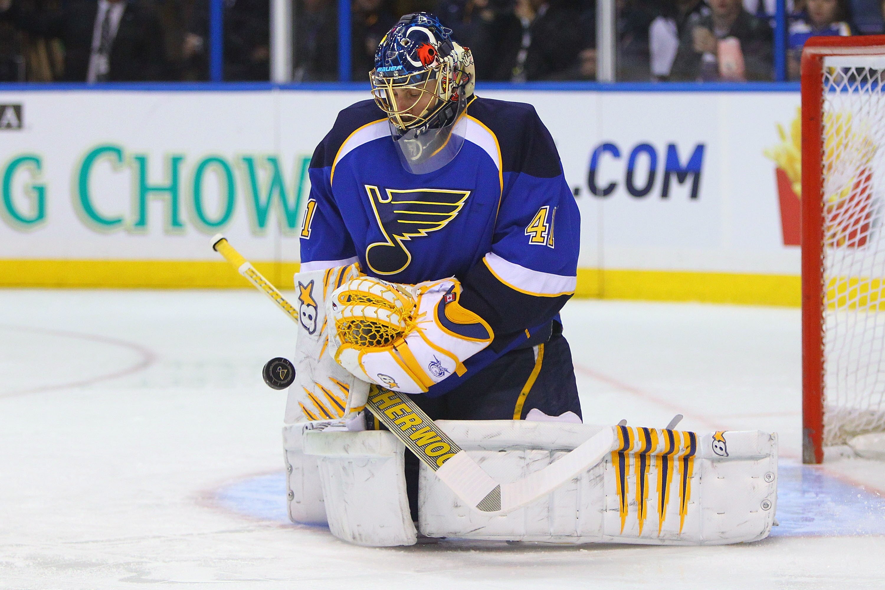 ST. LOUIS, MO - MARCH 29: Jaroslav Halak #41 of the St. Louis Blues makes a save against the Minnesota Wild at the Scottrade Center on March 29, 2011 in St. Louis, Missouri.  (Photo by Dilip Vishwanat/Getty Images)