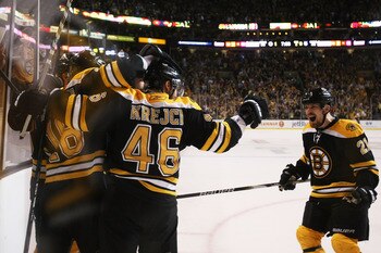 BOSTON, MA - MAY 27:  Nathan Horton #18 of the Boston Bruins celebrates his third period goal with teammates in Game Seven of the Eastern Conference Finals against the Tampa Bay Lightning during the 2011 NHL Stanley Cup Playoffs at TD Garden on May 27, 20