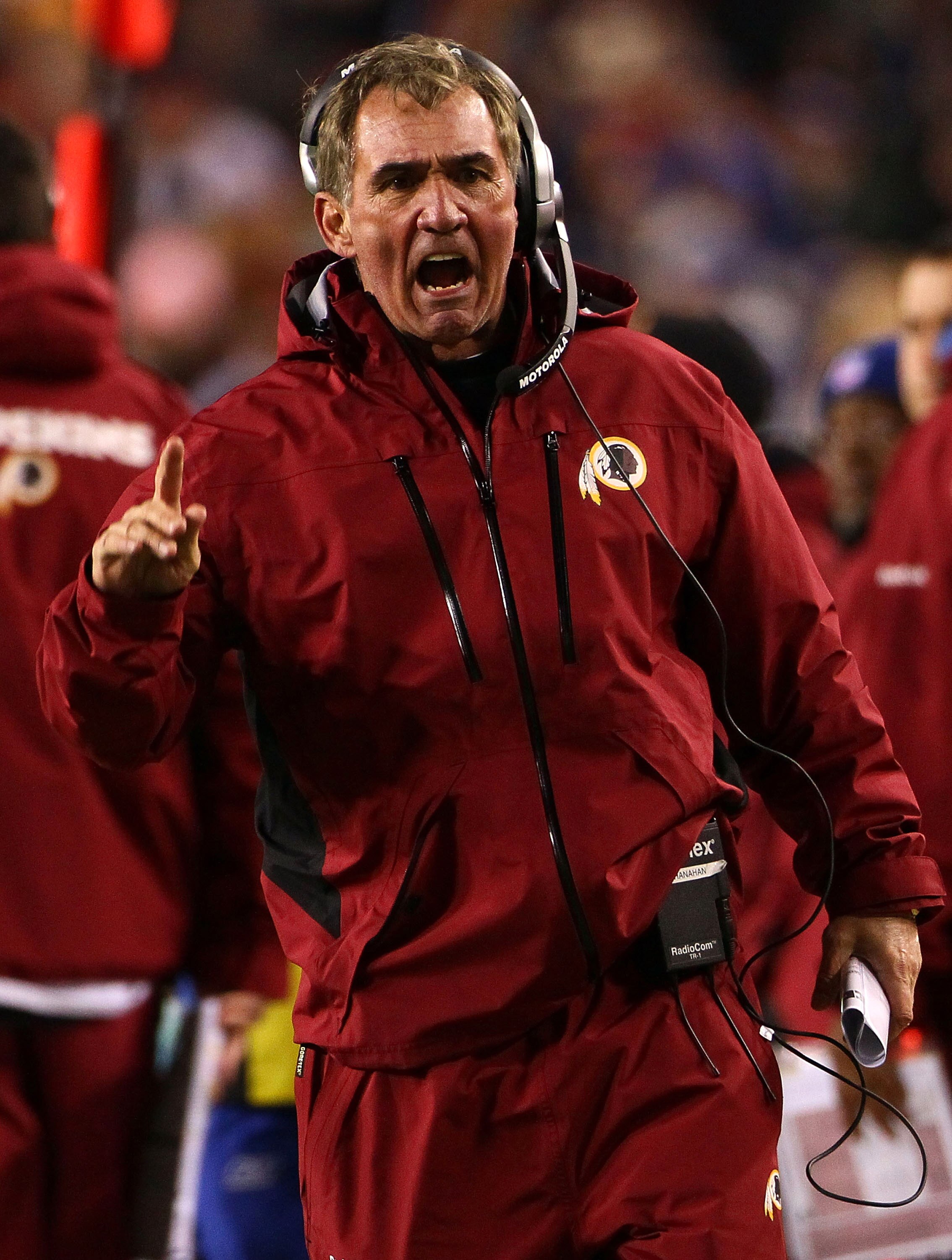 LANDOVER, MD - JANUARY 02: Washington Redskins head coach Mike Shanahan makes a point with a referee in the fourth quarter of a game against the New York Giants at FedEx Field on January 2, 2011 in Landover, Maryland. The Giants won the game 17-14. (Phot LANDOVER, MD - JANUARY 02: Washington Redskins head coach Mike Shanahan makes a point with a referee in the fourth quarter of a game against the New York Giants at FedEx Field on January 2, 2011 in Landover, Maryland. The Giants won the game 17-14. (Phot