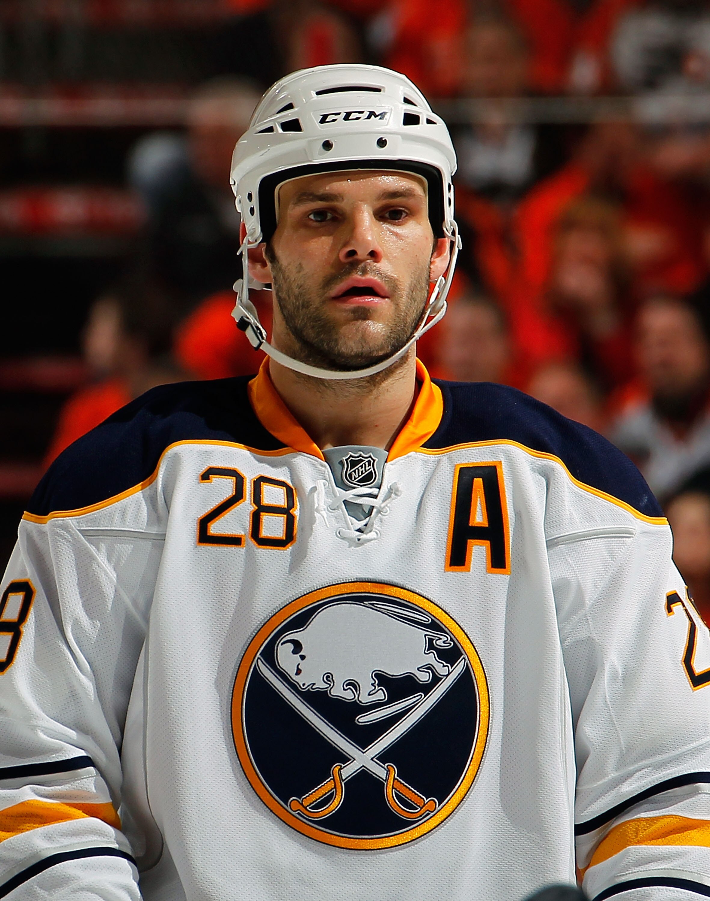 PHILADELPHIA, PA - APRIL 16:  Paul Gaustad #28 of the Buffalo Sabres waits for a faceoff against the Philadelphia Flyers in Game Two of the Eastern Conference Quarterfinals during the 2011 NHL Stanley Cup Playoffs at Wells Fargo Center on April 16, 2011 i