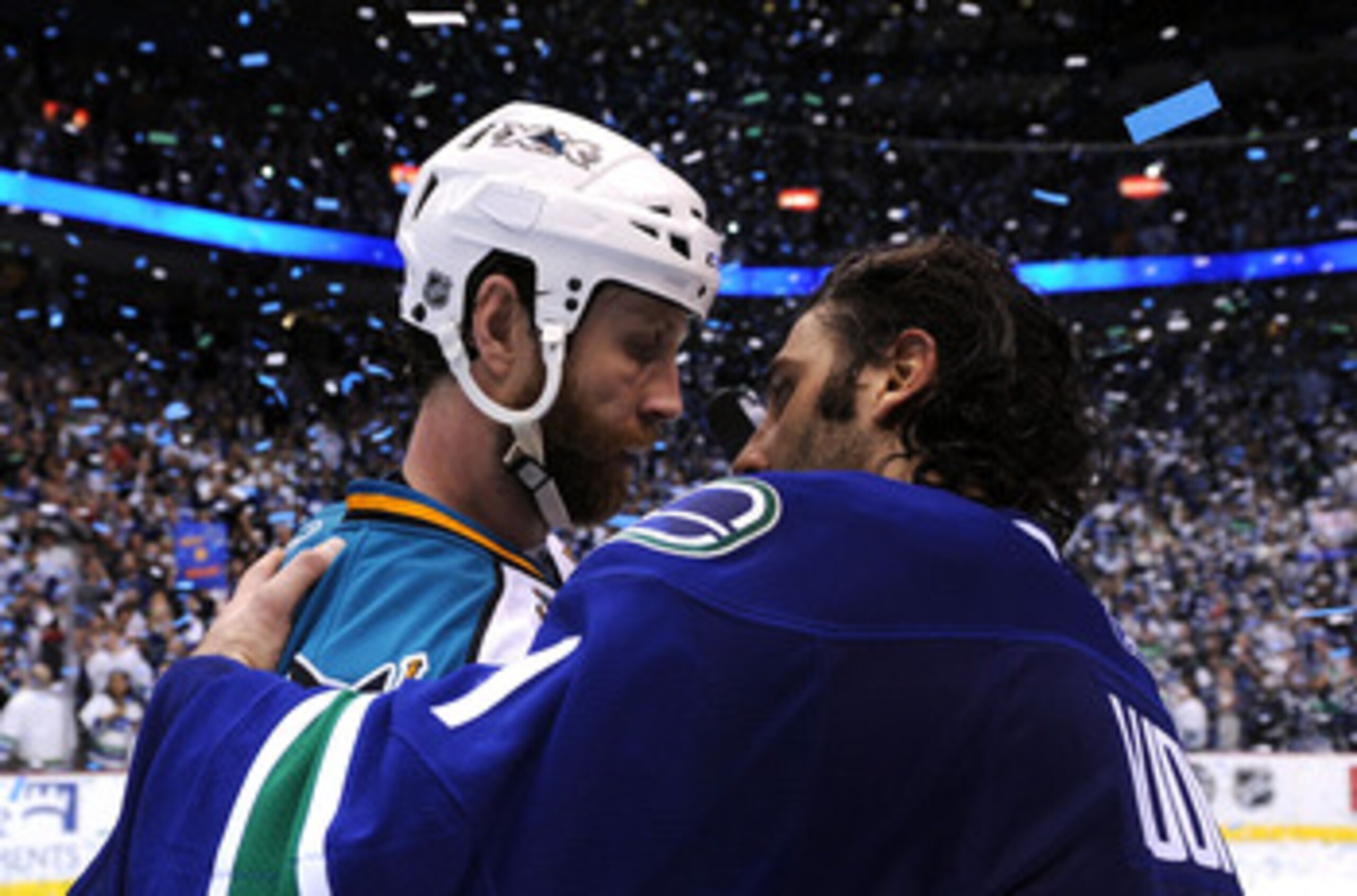 VANCOUVER, CANADA - MAY 24: Goaltender Roberto Luongo #1 of the Vancouver Canucks shakes hands with Joe Thornton #19 of the San Jose Sharks after the Canucks defeated the San Jose Sharks 3-2 in double-overtime in Game Five to win the Western Conference F VANCOUVER, CANADA - MAY 24: Goaltender Roberto Luongo #1 of the Vancouver Canucks shakes hands with Joe Thornton #19 of the San Jose Sharks after the Canucks defeated the San Jose Sharks 3-2 in double-overtime in Game Five to win the Western Conference F
