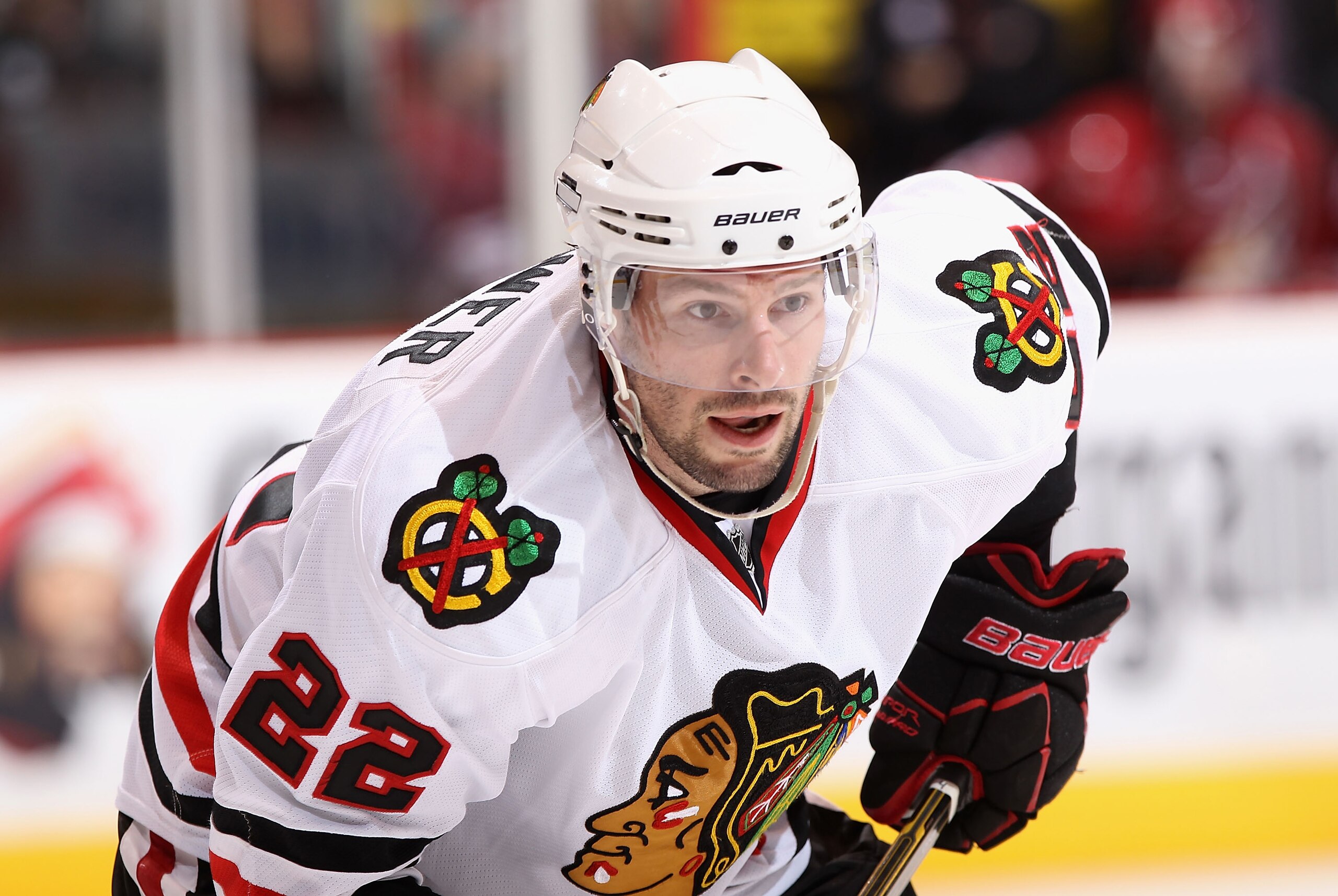GLENDALE, AZ - MARCH 20:  Troy Brouwer #22 of the Chicago Blackhawks during the NHL game against the Phoenix Coyotes at Jobing.com Arena on March 20, 2011 in Glendale, Arizona. The Blackhawks defeated the Coyotes 2-1.  (Photo by Christian Petersen/Getty I
