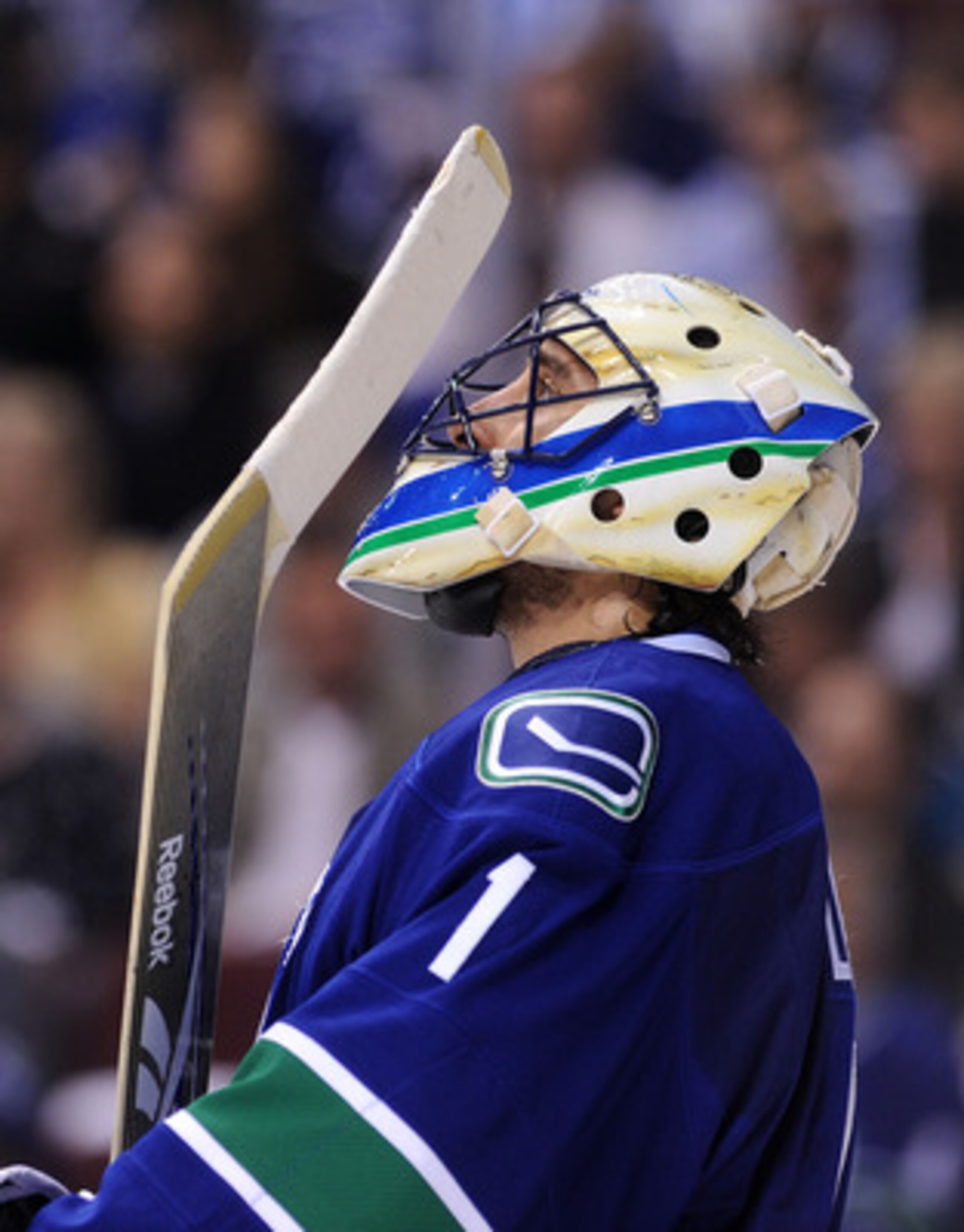 VANCOUVER, CANADA - MAY 24:  Goaltender Roberto Luongo #1 of the Vancouver Canucks looks on during Game Five of the Western Conference Finals against the San Jose Sharks during the 2011 Stanley Cup Playoffs at Rogers Arena on May 24, 2011 in Vancouver, Br