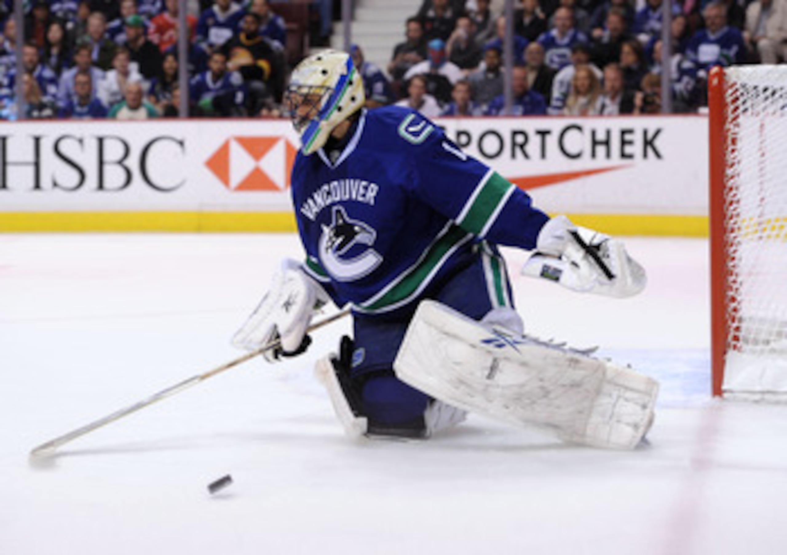 VANCOUVER, CANADA - MAY 24:  Goaltender Roberto Luongo #1 of the Vancouver Canucks makes a save in Game Five of the Western Conference Finals against the San Jose Sharks during the 2011 Stanley Cup Playoffs at Rogers Arena on May 24, 2011 in Vancouver, Br