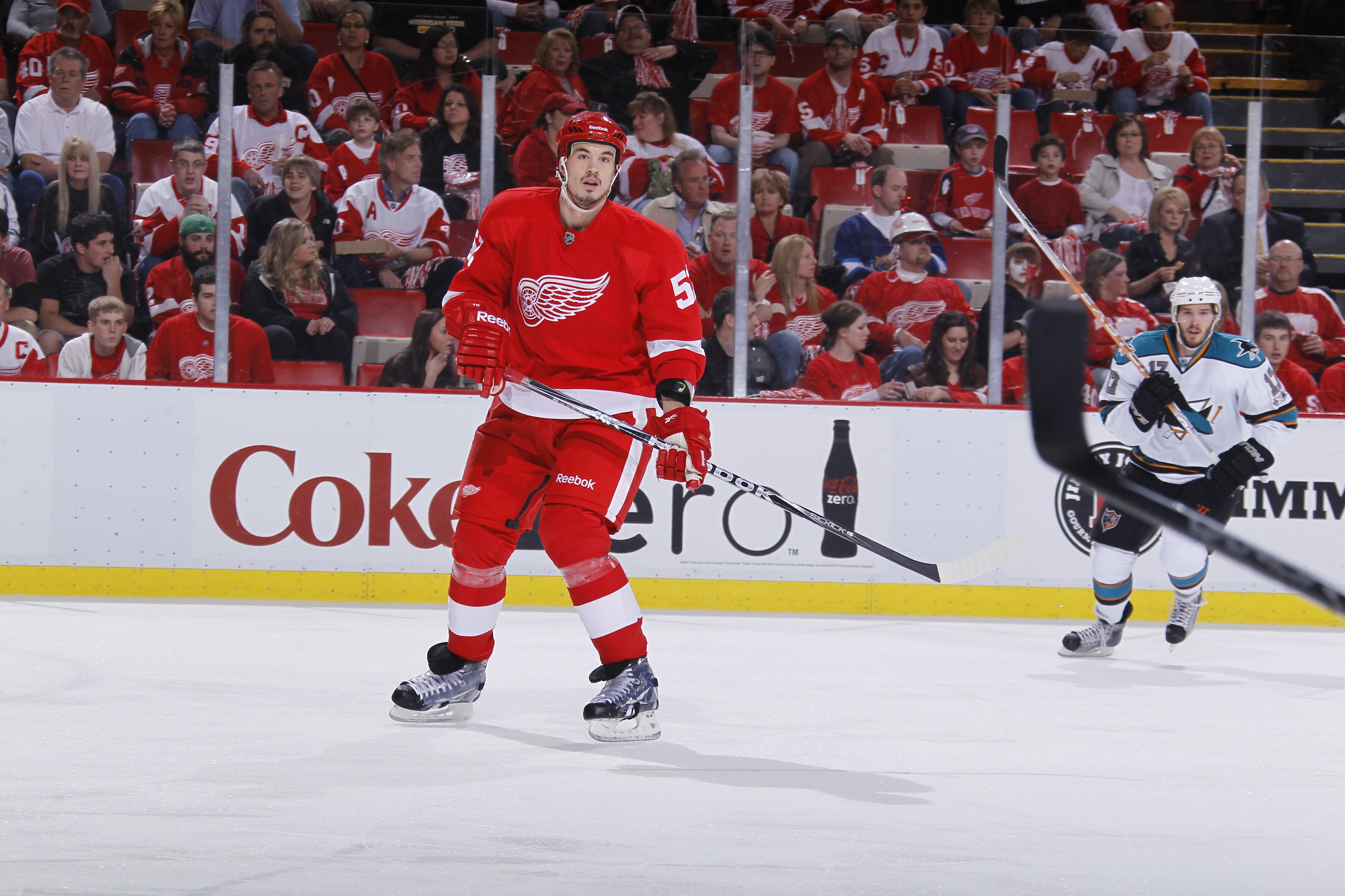 DETROIT - MAY 6: Jonathan Ericsson #52 of the Detroit Red Wings skates against the San Jose Sharks in Game Four of the Western Conference Semifinals during the 2011 NHL Stanley Cup Playoffs on May 6, 2011 at Joe Louis Arena in Detroit, Michigan. (Photo by