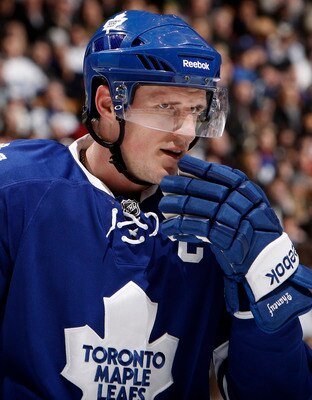 TORONTO, CANADA - FEBRUARY 26: Dion Phaneuf #3 of the Toronto Maple Leafs prepares for a faceoff during the game against the Pittsburgh Penguins at the Air Canada Centre February 26, 2011 in Toronto, Ontario, Canada. (Photo by Abelimages/Getty Images)