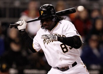 PITTSBURGH - MAY 08:  Lastings Milledge #85 of the Pittsburgh Pirates avoids getting hit by a pitch against the St Louis Cardinals during the game on May 8, 2010 at PNC Park in Pittsburgh, Pennsylvania.  (Photo by Jared Wickerham/Getty Images)