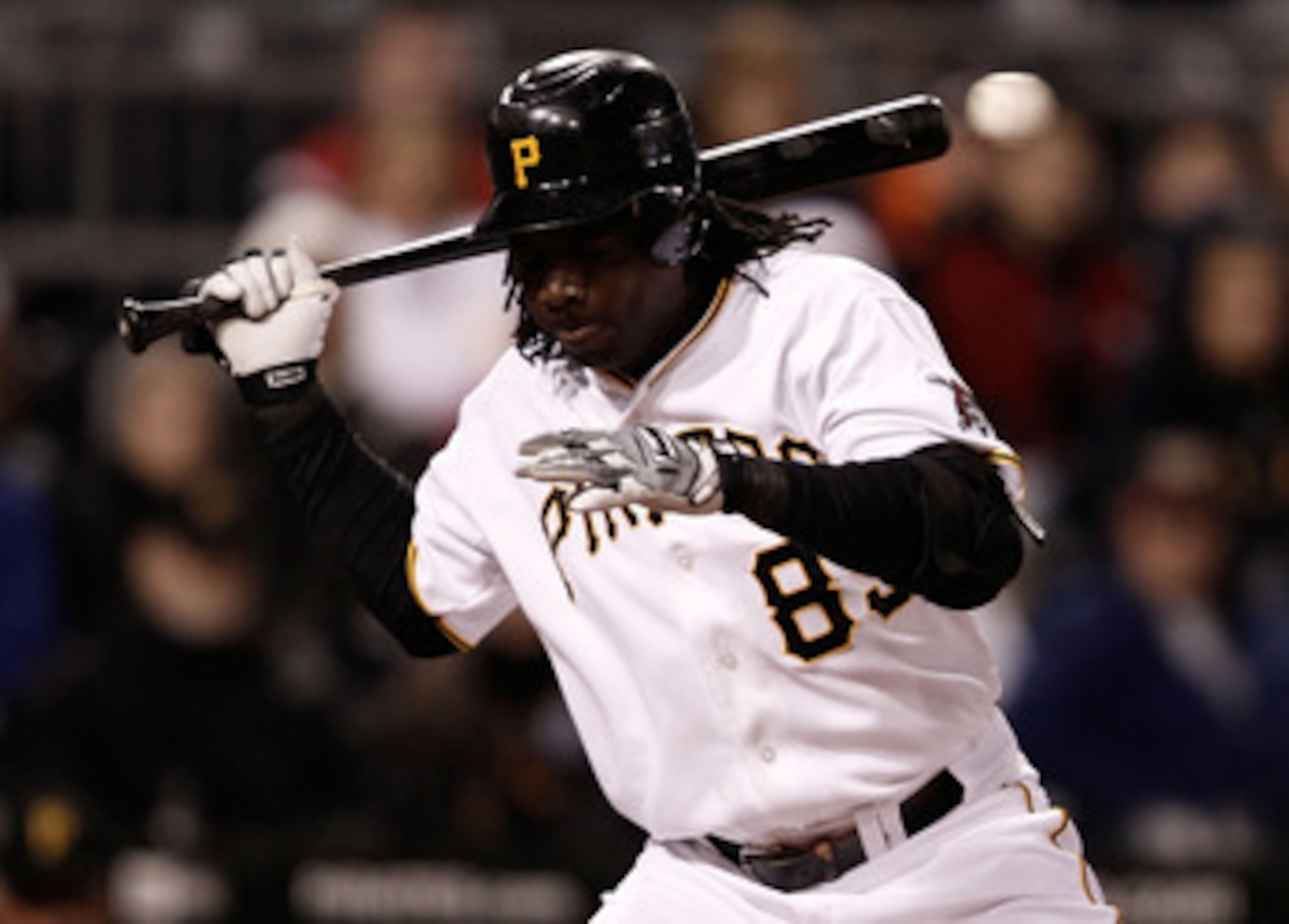 PITTSBURGH - MAY 08:  Lastings Milledge #85 of the Pittsburgh Pirates avoids getting hit by a pitch against the St Louis Cardinals during the game on May 8, 2010 at PNC Park in Pittsburgh, Pennsylvania.  (Photo by Jared Wickerham/Getty Images)