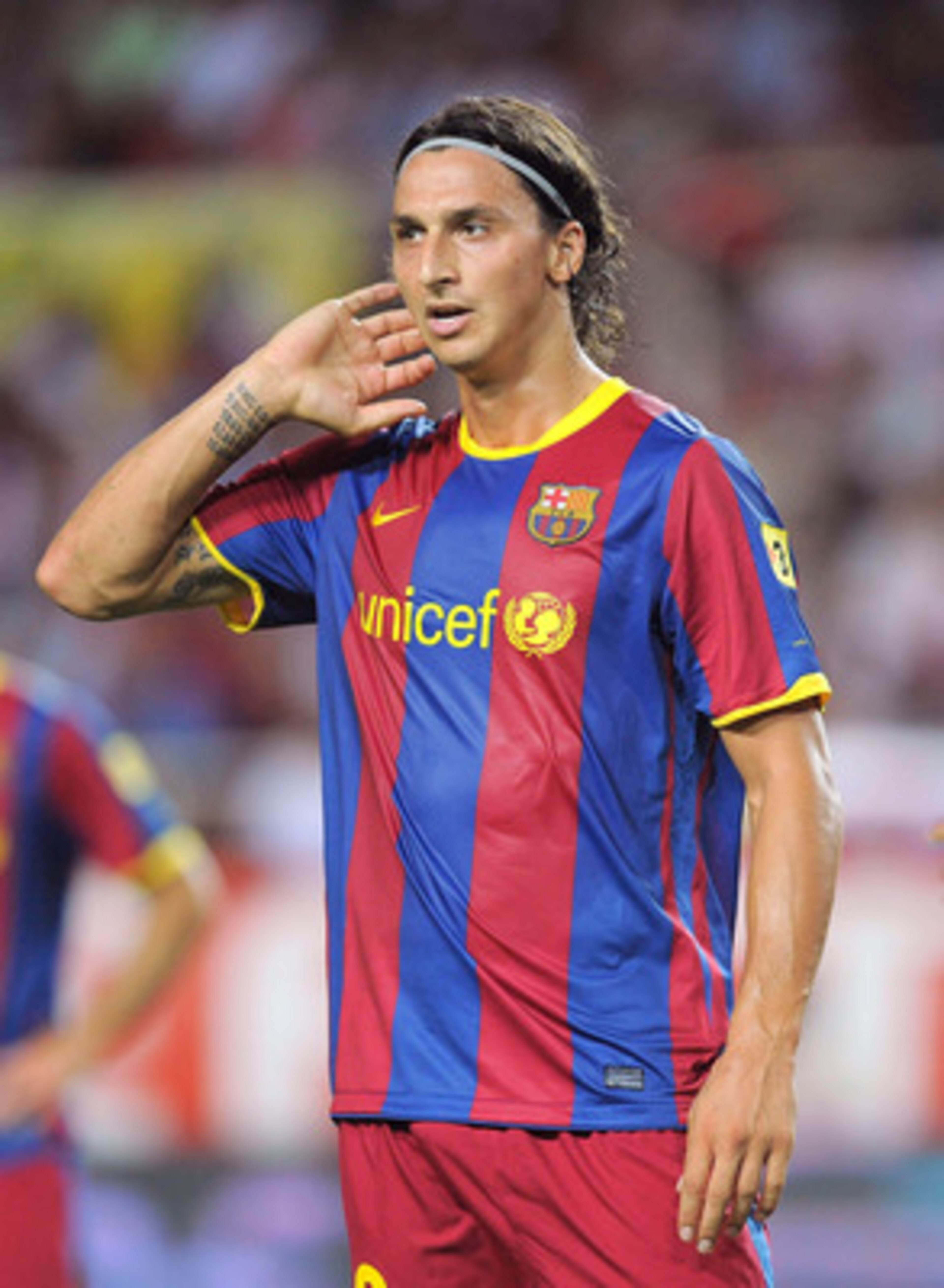 SEVILLE, SPAIN - AUGUST 14: : Zlatan Ibrahimovic of Barcelona waits for a corner kick to be taken during the Supercopa, first leg, match between Sevilla and Barcelona at the Sanchez Pizjuan stadium on August 14, 2010 in Seville, Spain. (Photo by Denis Doy