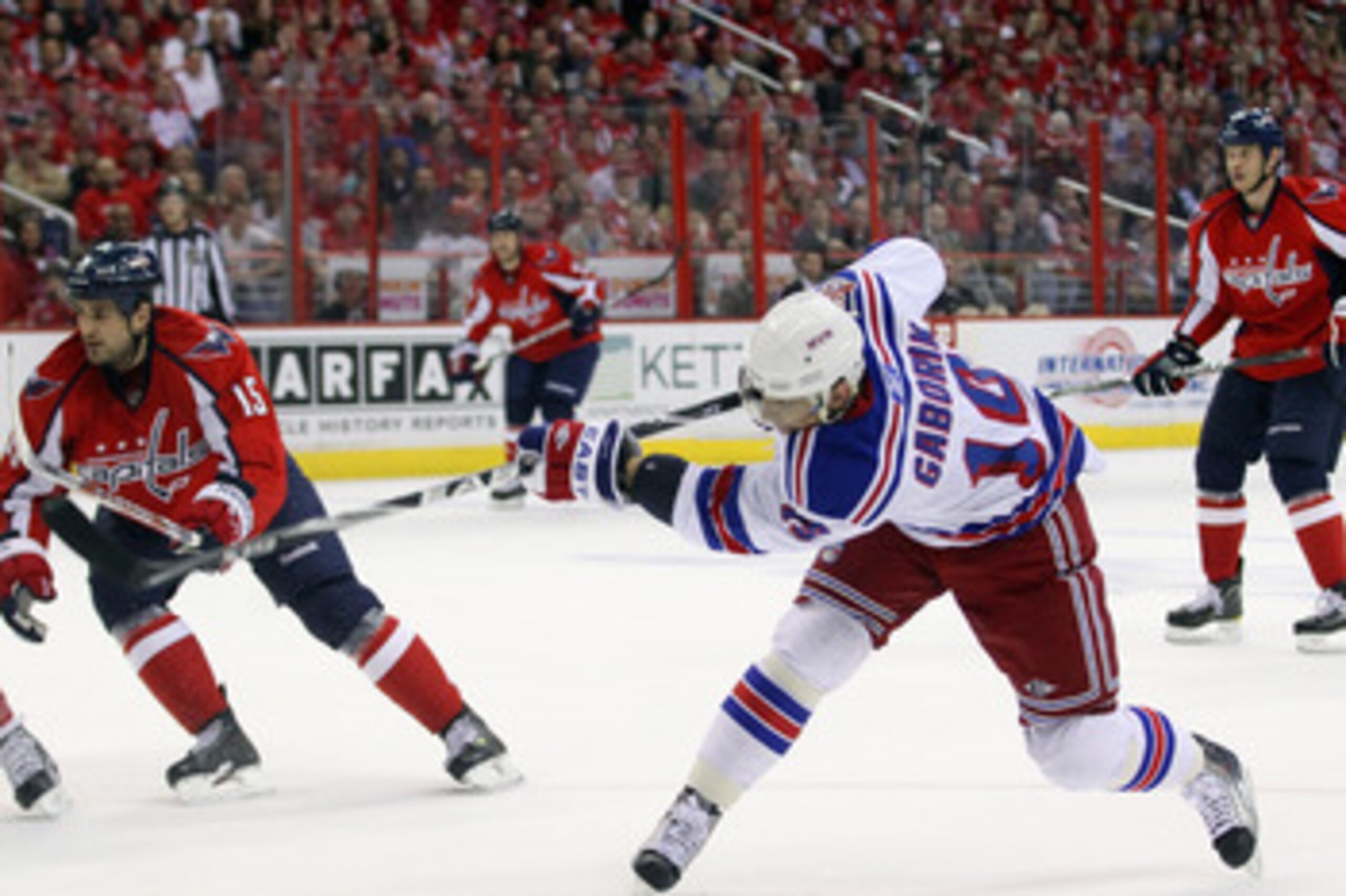 WASHINGTON, DC - APRIL 15: Marian Gaborik #10 of the New York Rangers takes the shot against the Washington Capitals in Game Two of the Eastern Conference Quarterfinals during the 2011 NHL Stanley Cup Playoffs at Verizon Center on April 15, 2011 in Washin