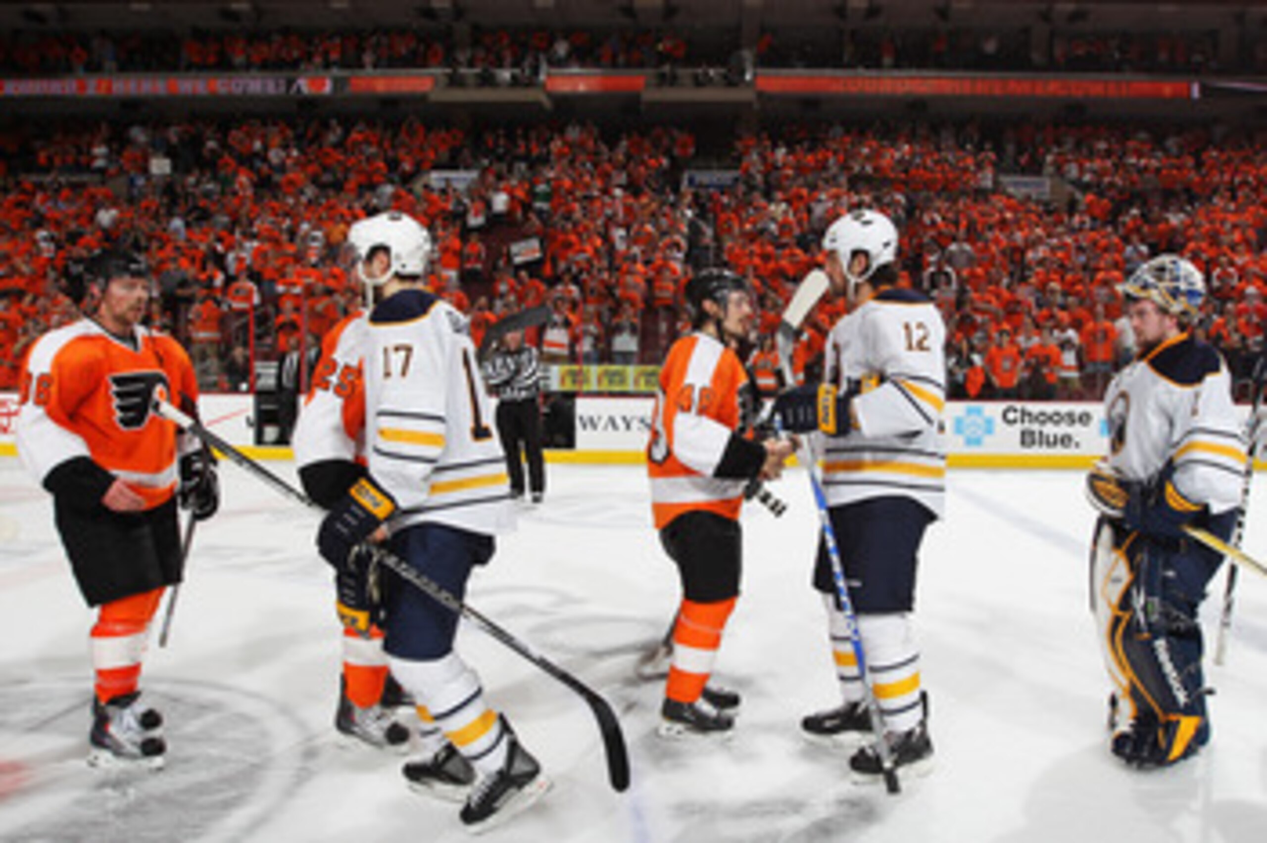 PHILADELPHIA, PA - APRIL 26:  The Buffalo Sabres congratulate the Philadelphia Flyers after they won 5 to 2 in Game Seven of the Eastern Conference Quarterfinals during the 2011 NHL Stanley Cup Playoffs at Wells Fargo Center on April 26, 2011 in Philadelp