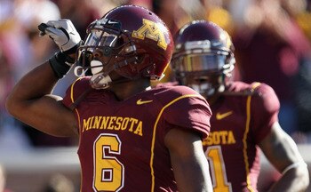 MINNEAPOLIS - SEPTEMBER 18:  Da'Jon McKnight #6 of the Minnesota Golden Gophers celebrates after catching a pass for a touchdown during the game against the USC Trojans on September 18, 2010 at TCF Bank Stadium in Minneapolis, Minnesota.  (Photo by Jamie