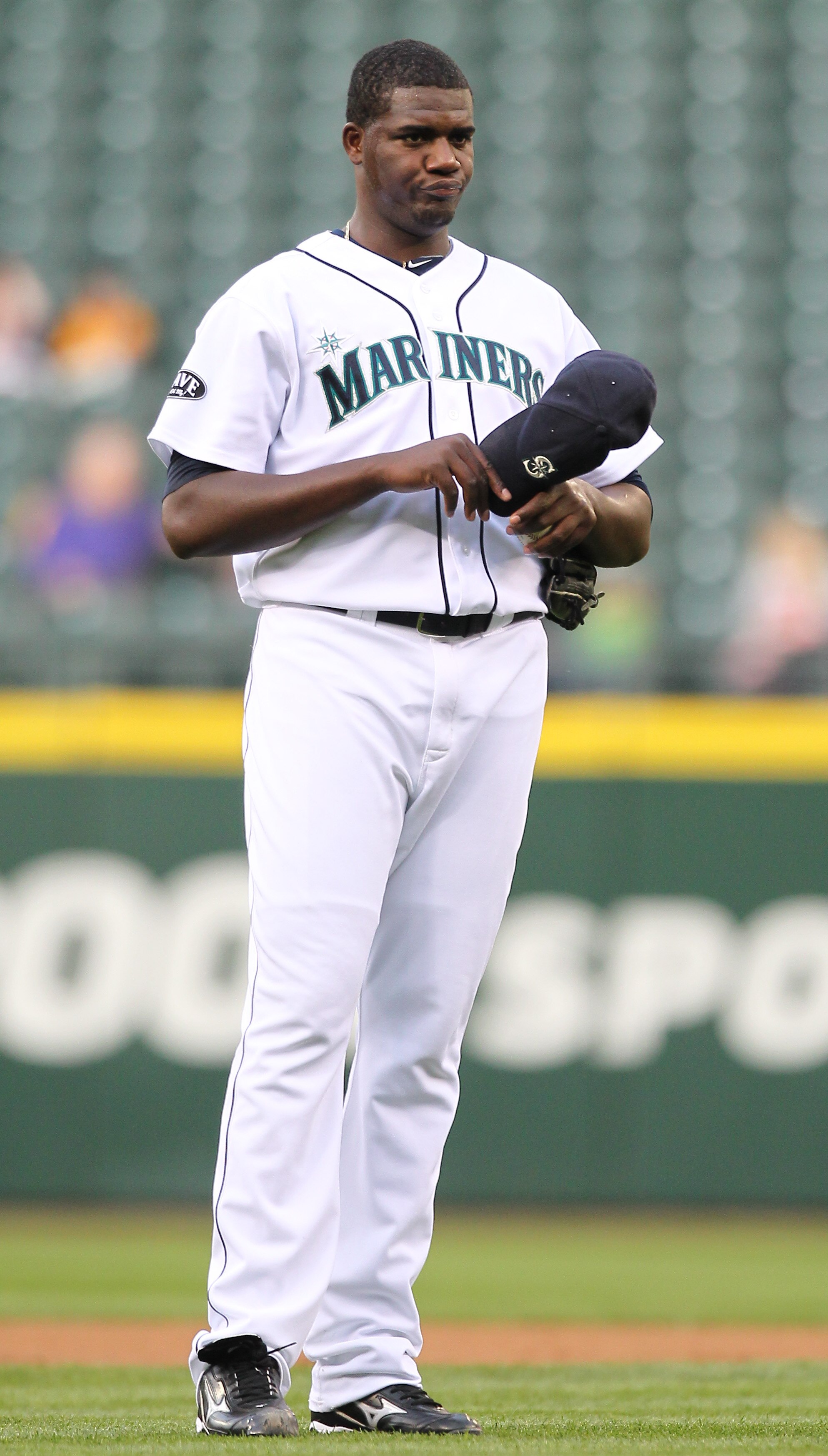 SEATTLE - MAY 04:  Starting pitcher Michael Pineda #36 of the Seattle Mariners pauses after giving up a single against the Texas Rangers at Safeco Field on May 4, 2011 in Seattle, Washington. (Photo by Otto Greule Jr/Getty Images)
