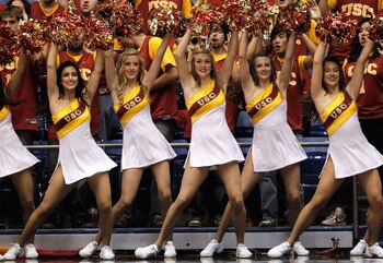DAYTON, OH - MARCH 16: The USC Trojans cheerleaders perform during the game against the Virginia Commonwealth Rams during the first round of the 2011 NCAA men's basketball tournament at UD Arena on March 16, 2011 in Dayton, Ohio.  (Photo by Gregory Shamus