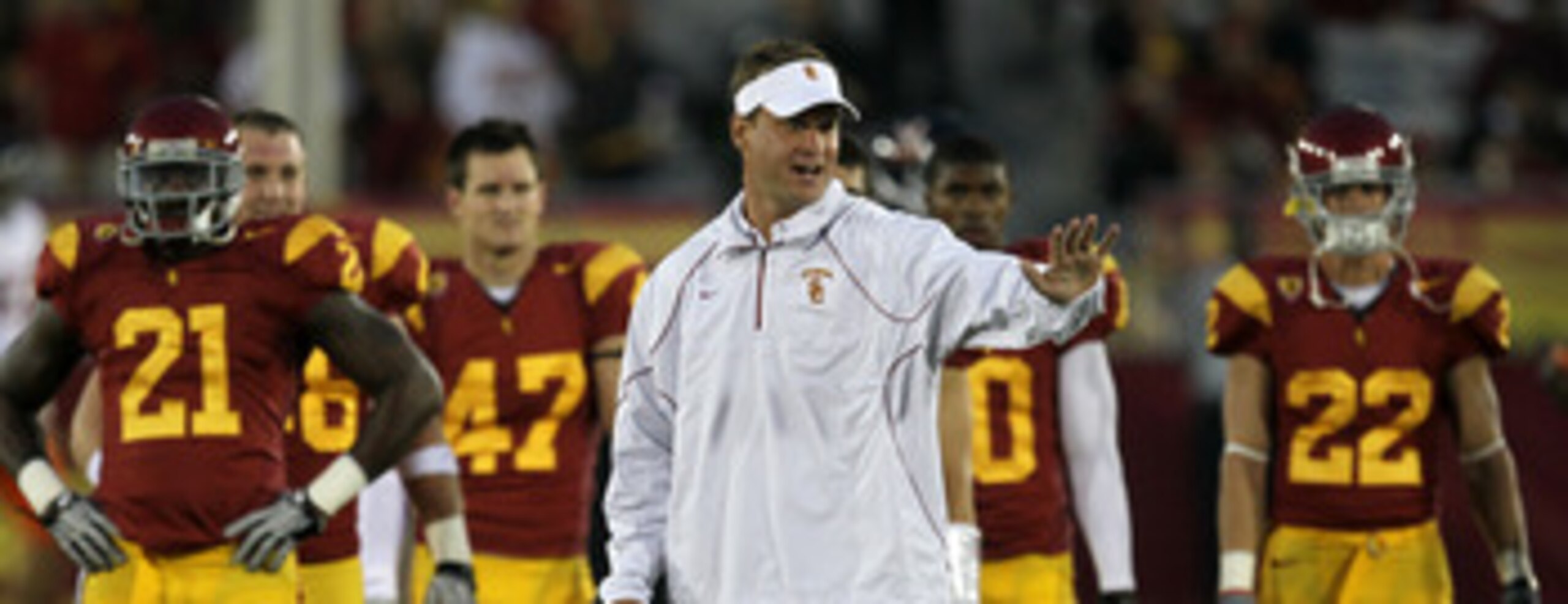 LOS ANGELES, CA - SEPTEMBER 11:  Head coach Lane Kiffin gestures as the USC Trojans warm up for their game with the Virginia Cavaliers at Los Angeles Memorial Coliseum on September 11, 2010 in Los Angeles, California.  (Photo by Stephen Dunn/Getty Images)