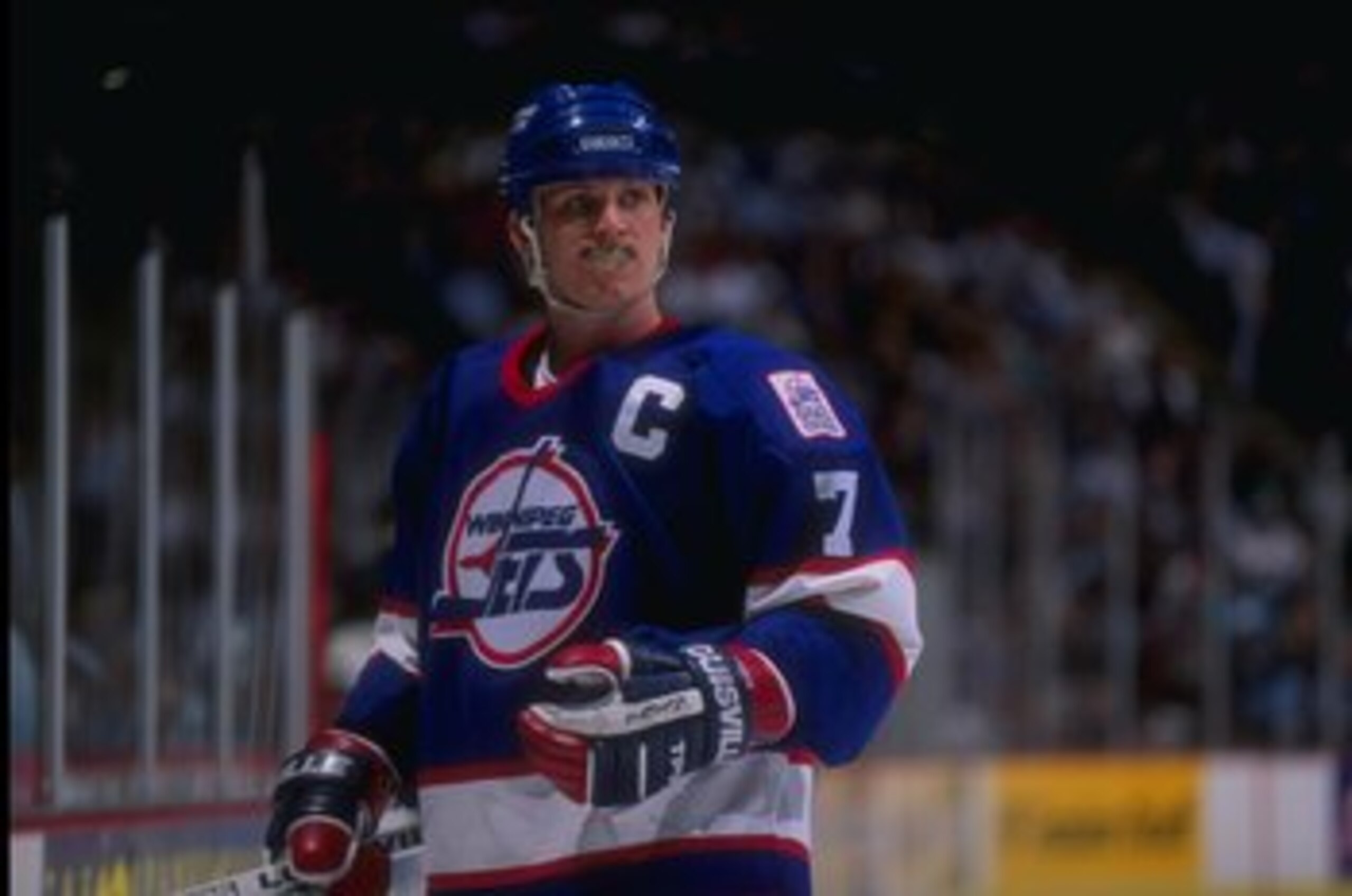 27 Jan 1995:  Leftwinger Keith Tkachuk of the Winnipeg Jets looks on during a game against the Anaheim Mighty Ducks at Arrowhead Pond in Anaheim, California.  The Ducks won the game, 3-2. Mandatory Credit: Al Bello  /Allsport