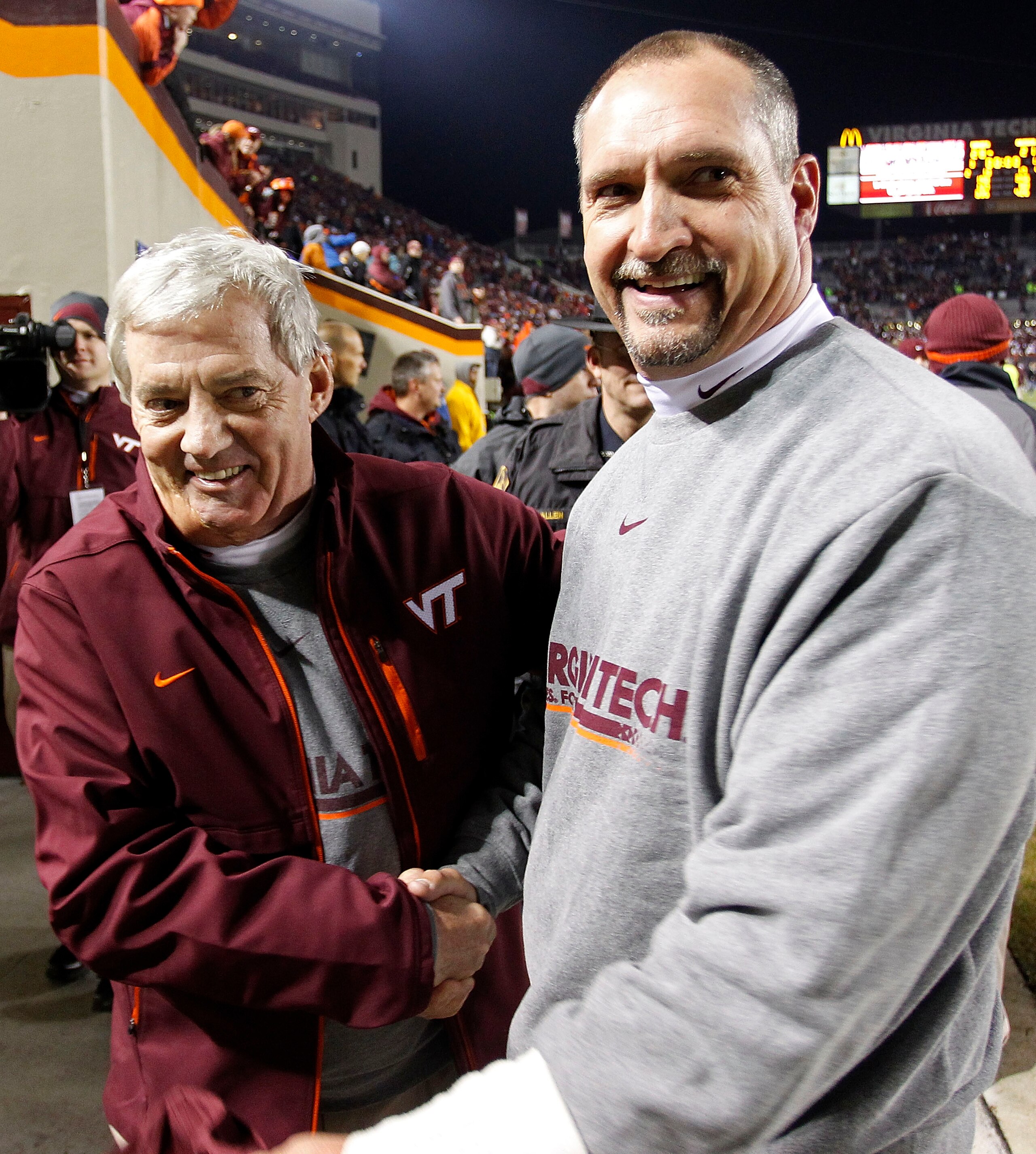 BLACKSBURG, VA - NOVEMBER 04: Head coach Frank Beamer (L) of the Virginia Tech Hokies celebrates with defensive coordinator Bud Foster (R) after the Hokies defeated the Georgia Tech Yellow Jackets 28-21 at Lane Stadium on November 4, 2010 in Blacksburg, V BLACKSBURG, VA - NOVEMBER 04: Head coach Frank Beamer (L) of the Virginia Tech Hokies celebrates with defensive coordinator Bud Foster (R) after the Hokies defeated the Georgia Tech Yellow Jackets 28-21 at Lane Stadium on November 4, 2010 in Blacksburg, V