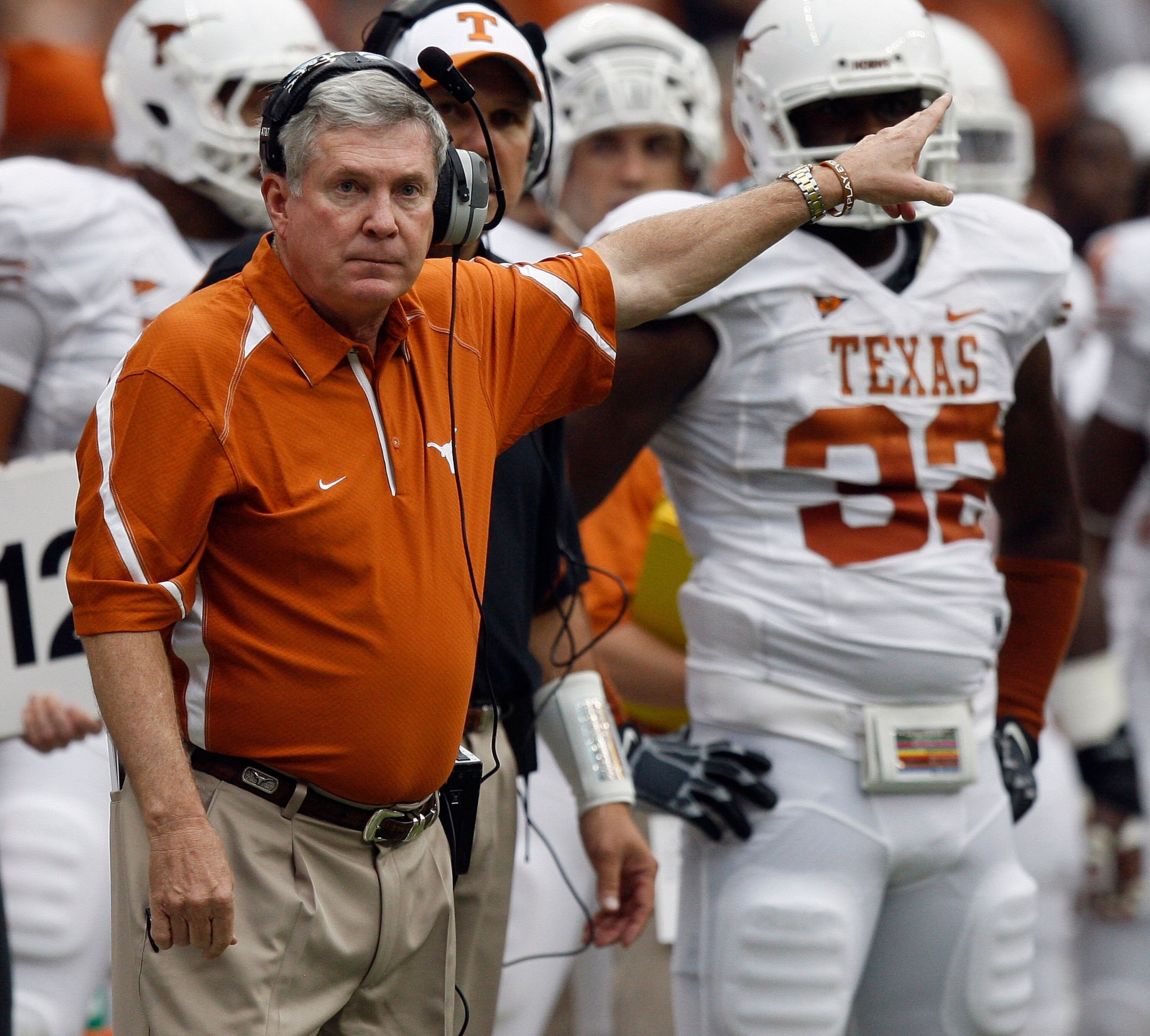 HOUSTON - SEPTEMBER 04:  Head coach Mack Brown of the Texas Longhorns looks on from the sidelines during the season opener against the Rice Owls at Reliant Stadium on September 4, 2010 in Houston, Texas.  (Photo by Bob Levey/Getty Images)