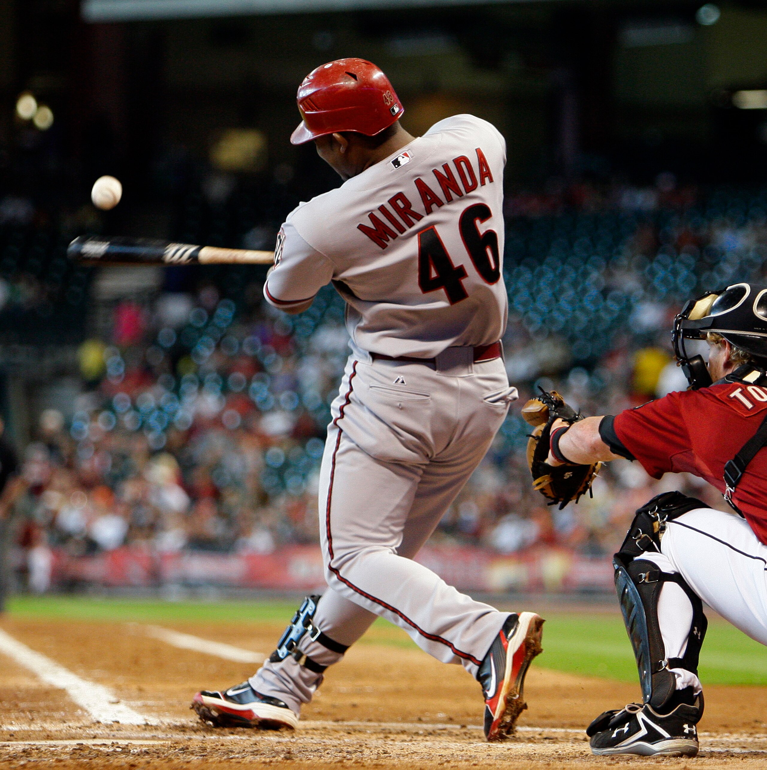 HOUSTON - MAY 29: Juan Miranda #46 of the Arizona Diamondbacks hits a ball foul during a baseball game against the Houston Astros at Minute Maid Park on May 29, 2011 in Houston, Texas. (Photo by Bob Levey/Getty Images) HOUSTON - MAY 29: Juan Miranda #46 of the Arizona Diamondbacks hits a ball foul during a baseball game against the Houston Astros at Minute Maid Park on May 29, 2011 in Houston, Texas. (Photo by Bob Levey/Getty Images)