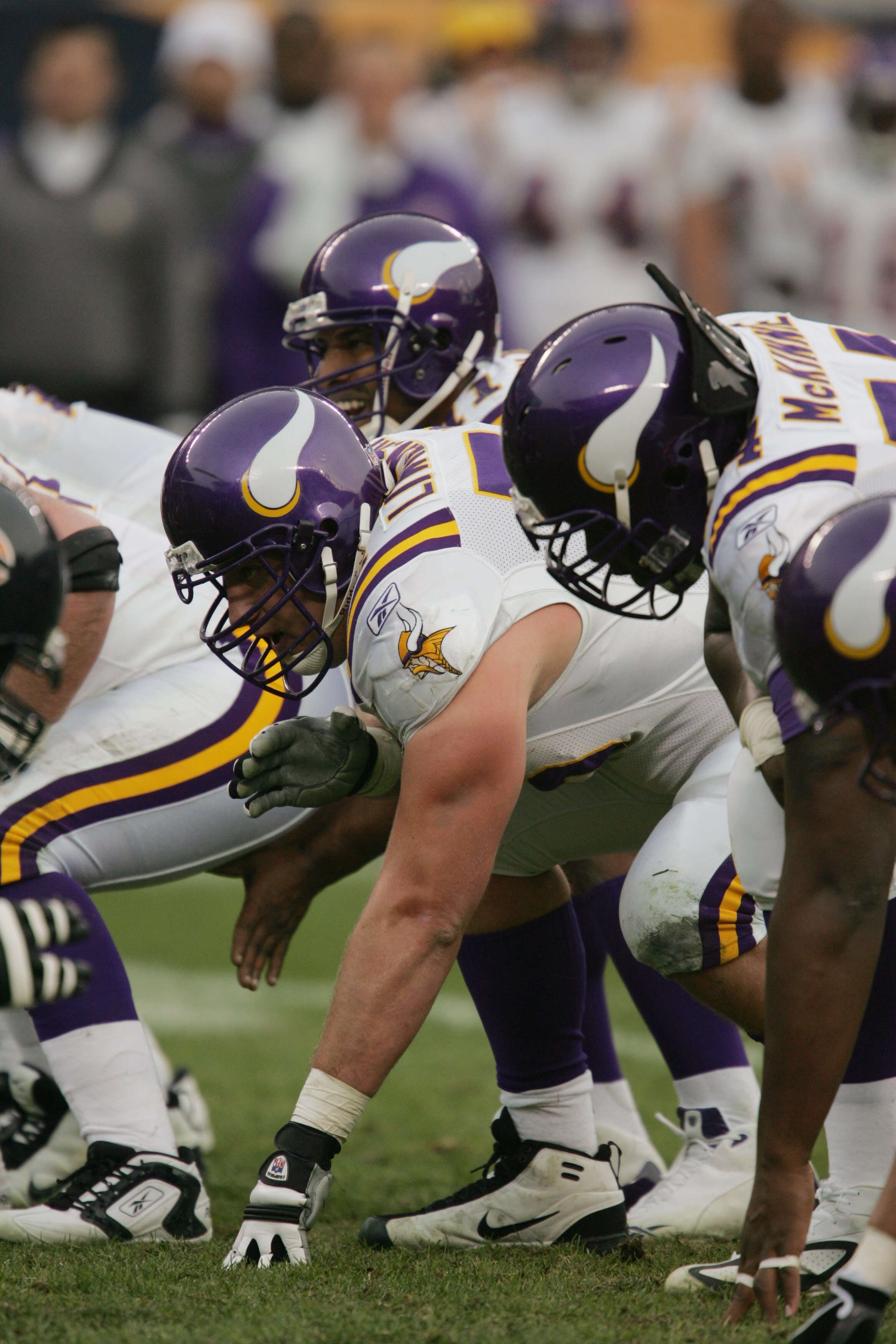 CHICAGO - DECEMBER 5:  Offensive linemen Chris Liwienski #76 and Bryant McKinnie #74 (R) of the Minnesota Vikings line up against the Chicago Bears on December 5, 2004 at Soldier Field in Chicago, Illinois. The Bears defeated the Vikings 24-14. (Photo by