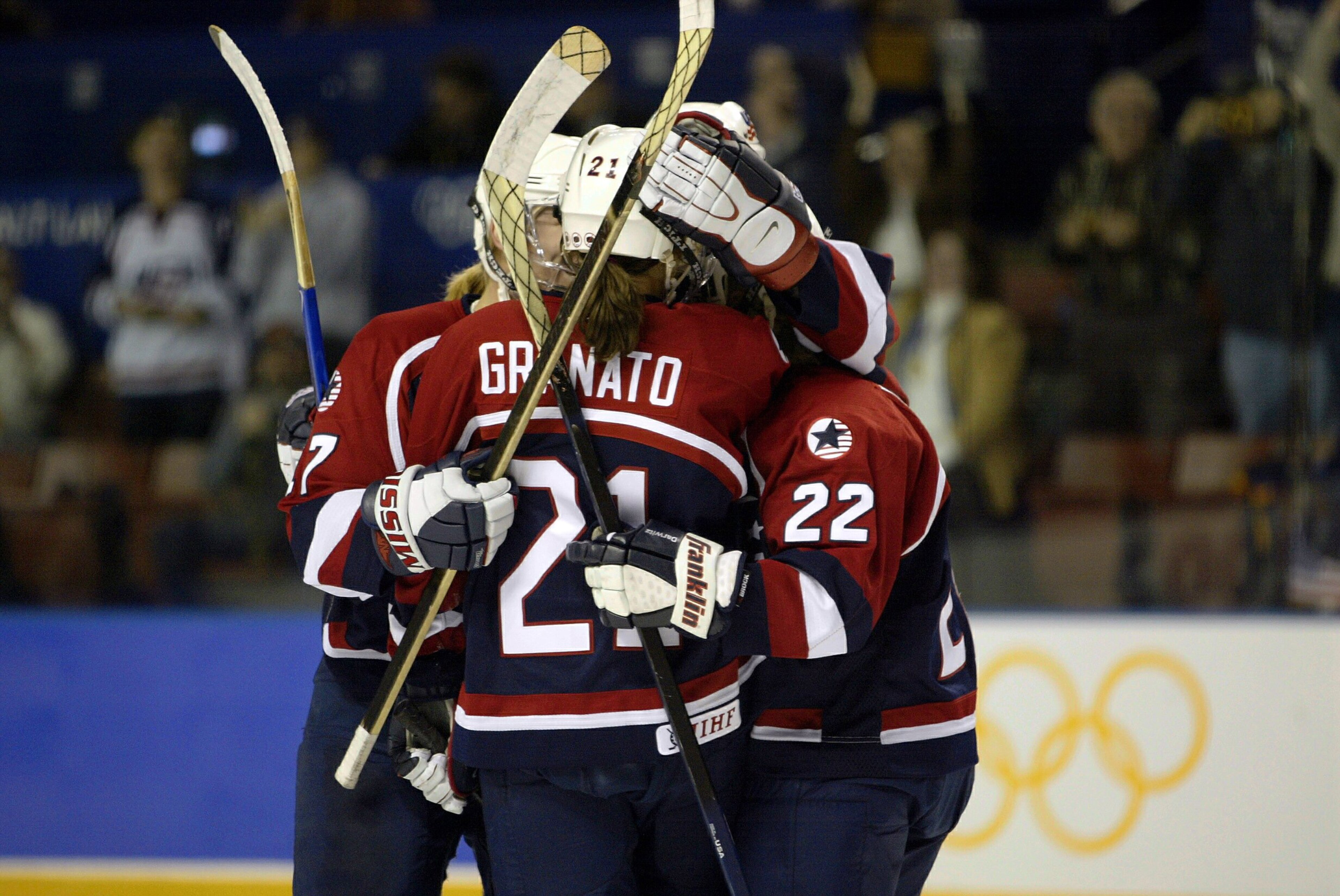 19 Feb 2002:  Cammi Granato #21 of the USA celebrates her goal against Sweden with teammates during the Salt Lake City Winter Olympic Games at the E Center in Salt Lake City, Utah. DIGITAL IMAGE. Mandatory Credit: Brian Bahr/Getty Images