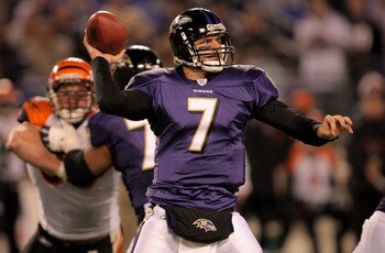 BALTIMORE - NOVEMBER 11:  Quarterback Kyle Boller #7 of the Baltimore Ravens delivers a pass against the Cincinnati Bengals at M&T Bank Staduim November 11, 2007 in Baltimore, Maryland. Cincinnati defeated Baltimore 21-7.  (Photo by Doug Pensinger/Getty I