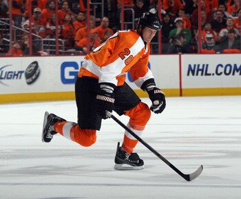 PHILADELPHIA, PA - APRIL 30: Chris Pronger #20 of the Philadelphia Flyers skates against the Boston Bruins in Game One of the Eastern Conference Semifinals during the 2011 NHL Stanley Cup Playoffs at the Wells Fargo Center on April 30, 2011 in Philadelphi
