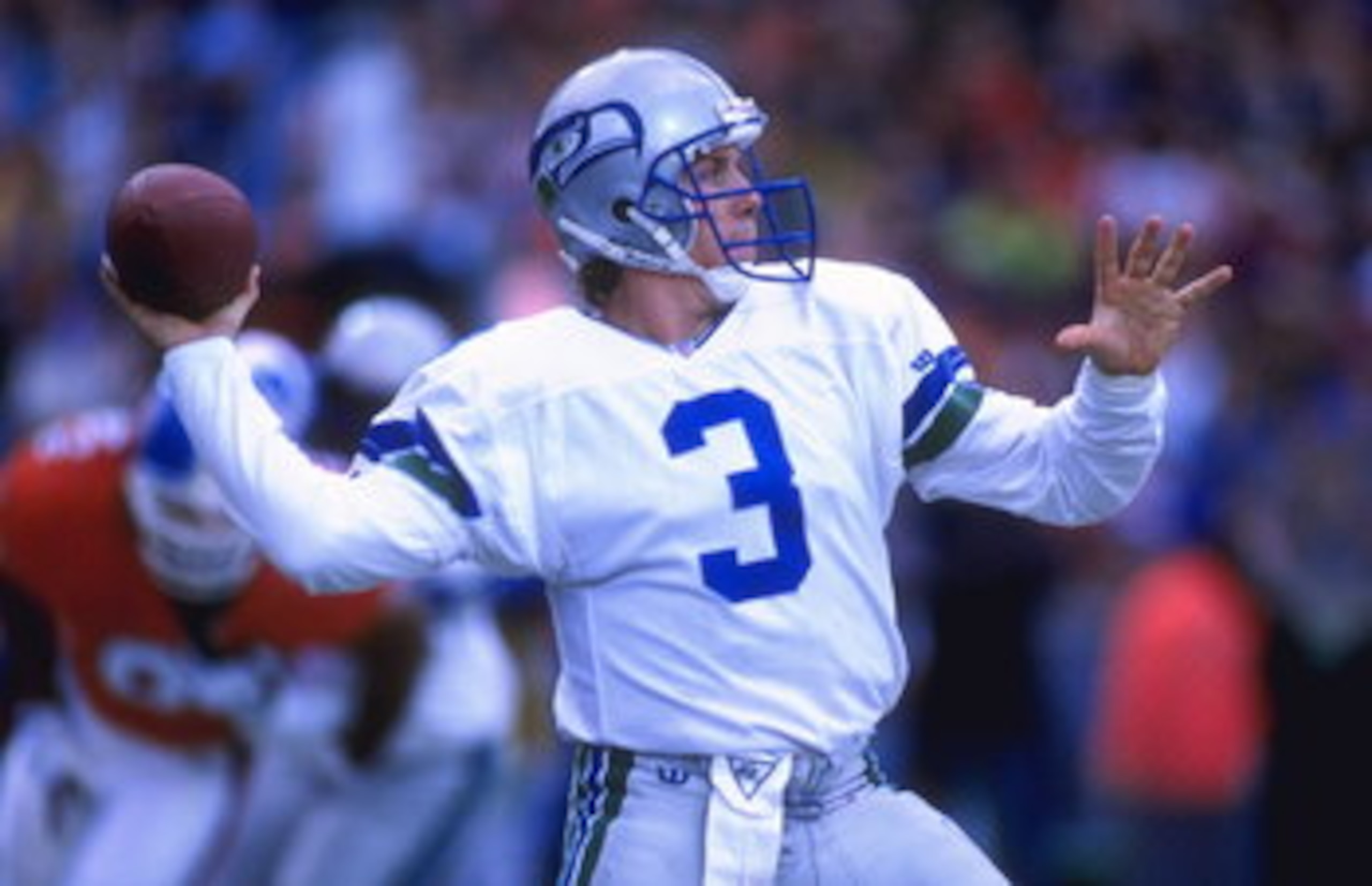 10 Dec 1995:  Quarterback Rick Mirer #3 of the Seattle Seahawks drops back to throw downfield during their game against the Denver Broncos at Mile High Stadium in Denver, Colorado. The Seahawks defeated the Broncos 31-27. Mandatory Credit:  Al Bello/Allsp