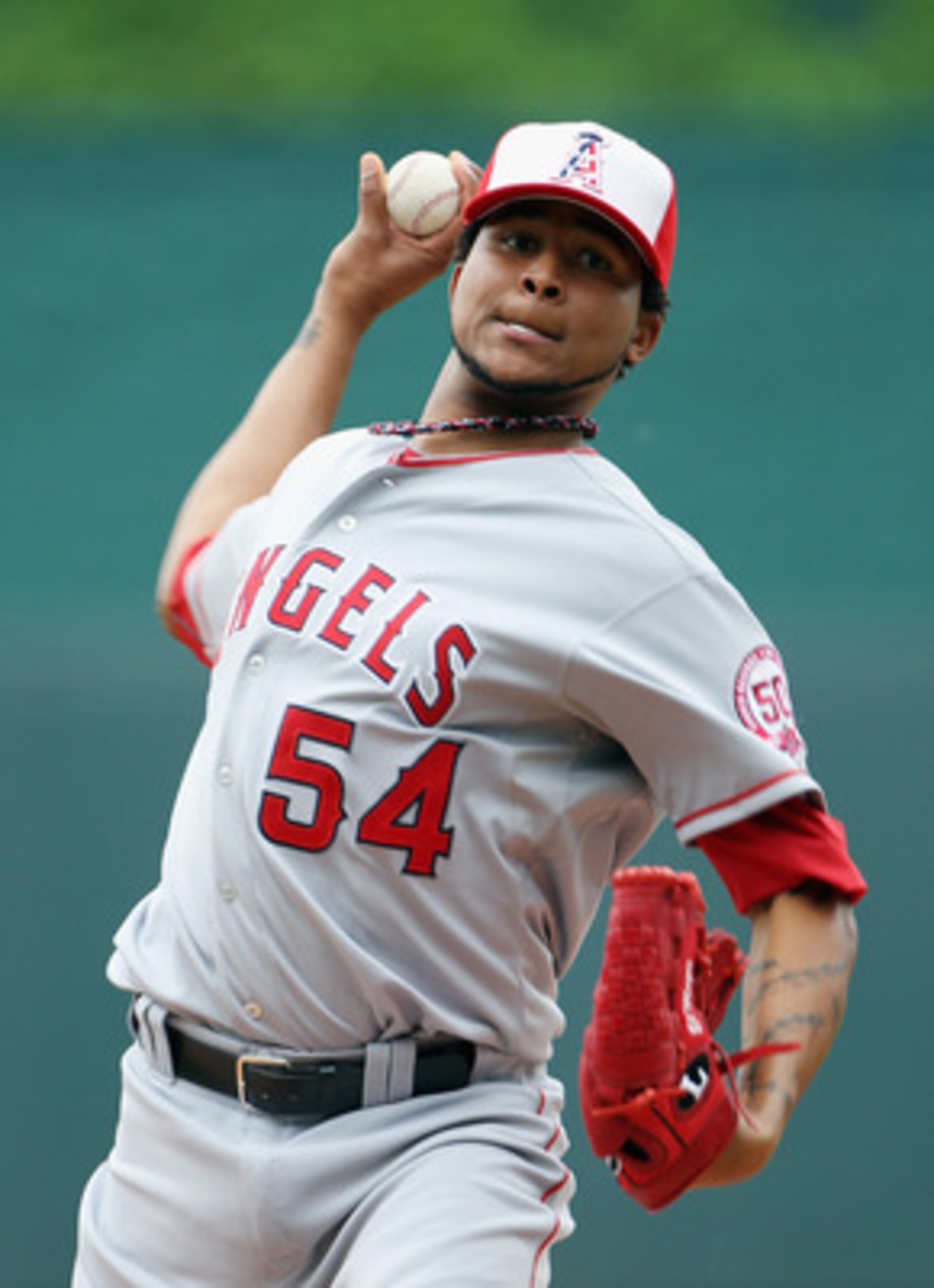 KANSAS CITY, MO - MAY 30:  Starting pitcher Ervin Santana #54 of the Los Angeles Angels of Anaheim warms up just prior to the start of the game against the Kansas City Royals on May 30, 2011 at Kauffman Stadium in Kansas City, Missouri.  (Photo by Jamie S