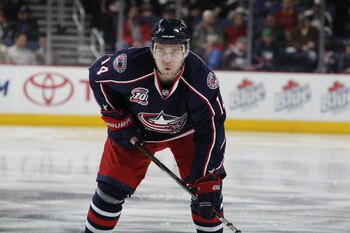 COLUMBUS, OH - MARCH 09:  Grant Clitsome #14 of the Columbus Blue Jackets looks on the St. Louis Blues on March 9, 2011 at Nationwide Arena in Columbus, Ohio.  (Photo by Gregory Shamus/Getty Images)