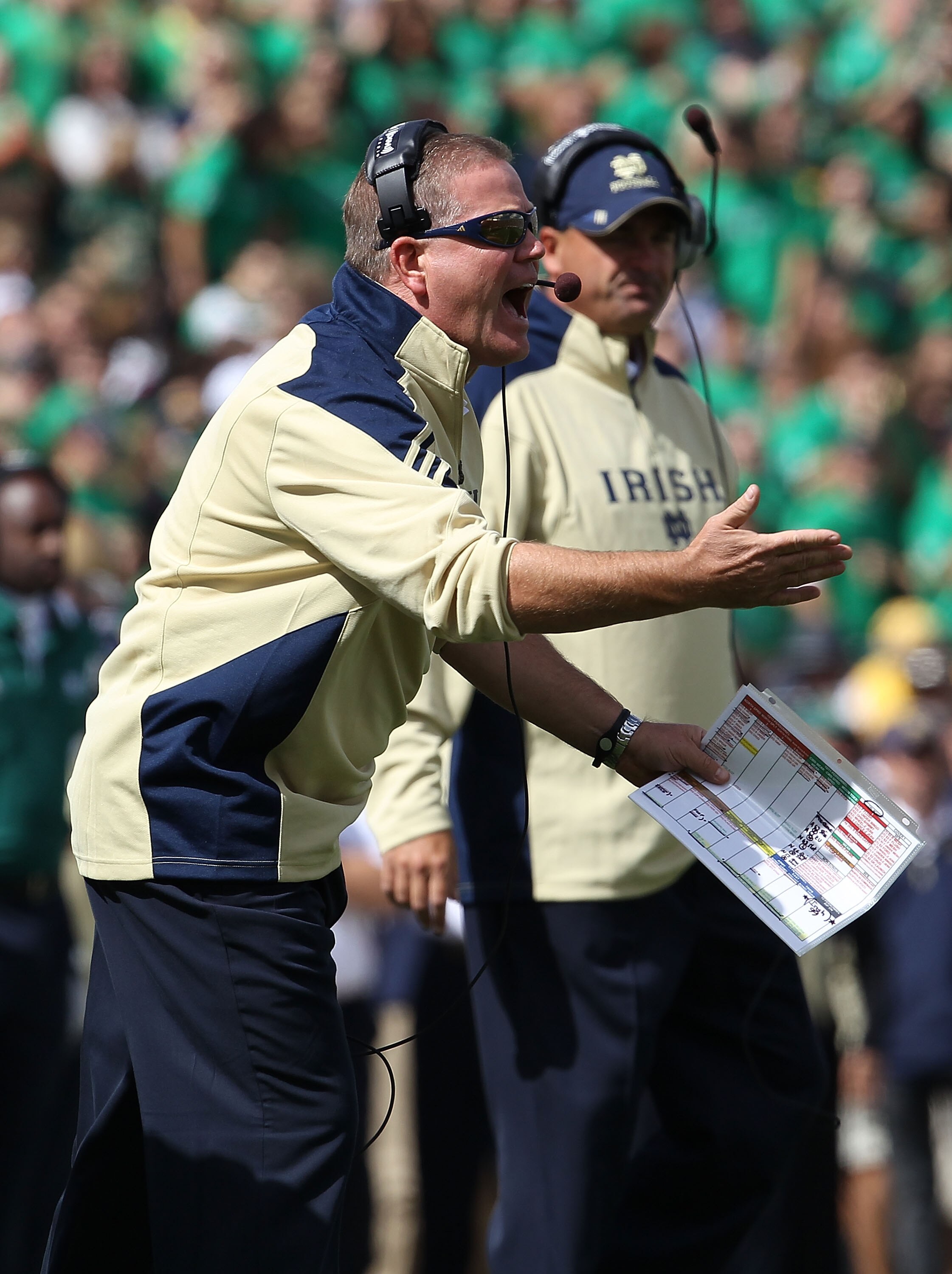 SOUTH BEND, IN - SEPTEMBER 04: Head coach Brian Kelly of the Notre Dame Fighting Irish complains to a referee during a game against the Purdue Boilermakers at Notre Dame Stadium on September 4, 2010 in South Bend, Indiana. Notre Dame defeated Purdue 23-12