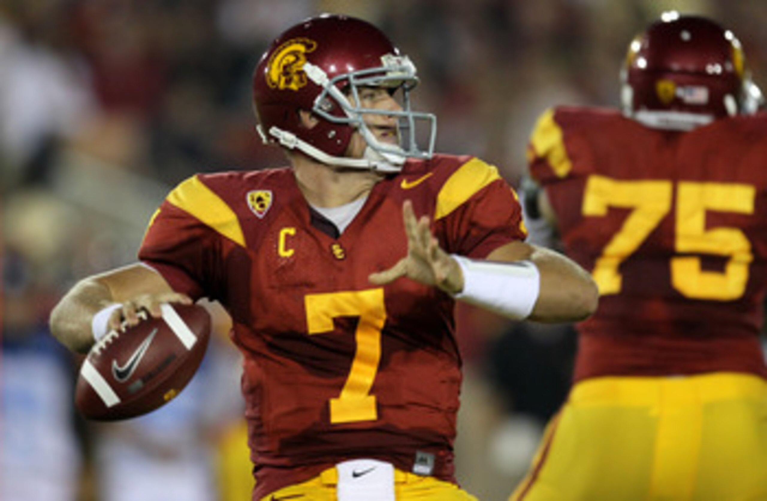 LOS ANGELES, CA - SEPTEMBER 11: Quarterback Matt Barkley #7 of the USC Trojans throws a pass against the Virginia Cavaliers at Los Angeles Memorial Coliseum on September 11, 2010 in Los Angeles, California. USC won 17-14. (Photo by Stephen Dunn/Getty Im LOS ANGELES, CA - SEPTEMBER 11: Quarterback Matt Barkley #7 of the USC Trojans throws a pass against the Virginia Cavaliers at Los Angeles Memorial Coliseum on September 11, 2010 in Los Angeles, California. USC won 17-14. (Photo by Stephen Dunn/Getty Im