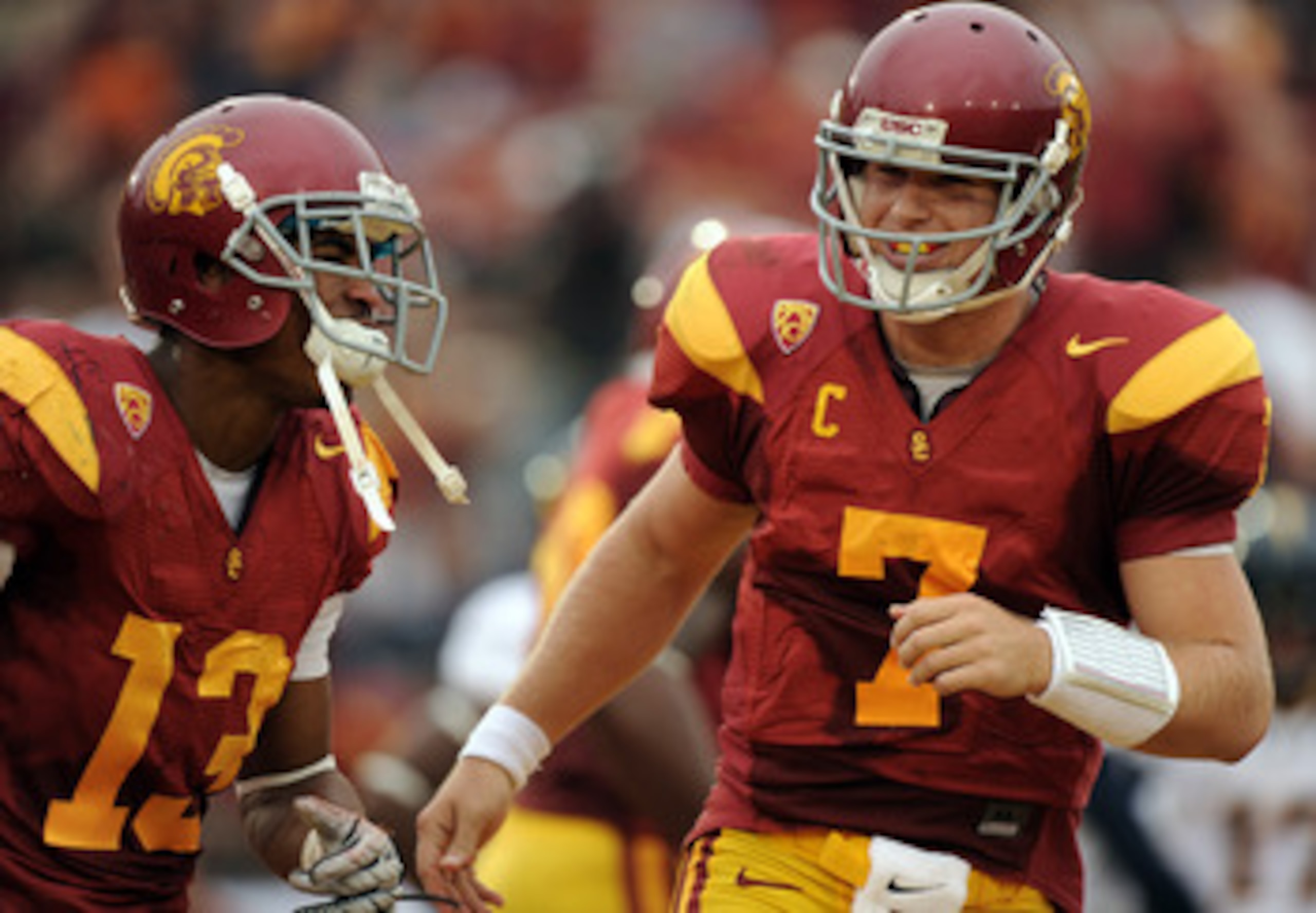 LOS ANGELES, CA - OCTOBER 16: Matt Barkley #7 and Robert Woods #13 of the USC Trojans celebrate a touchdown for a 28-0 lead over the California Golden Bears during the second quarter at Los Angeles Memorial Coliseum on October 16, 2010 in Los Angeles, Ca LOS ANGELES, CA - OCTOBER 16: Matt Barkley #7 and Robert Woods #13 of the USC Trojans celebrate a touchdown for a 28-0 lead over the California Golden Bears during the second quarter at Los Angeles Memorial Coliseum on October 16, 2010 in Los Angeles, Ca