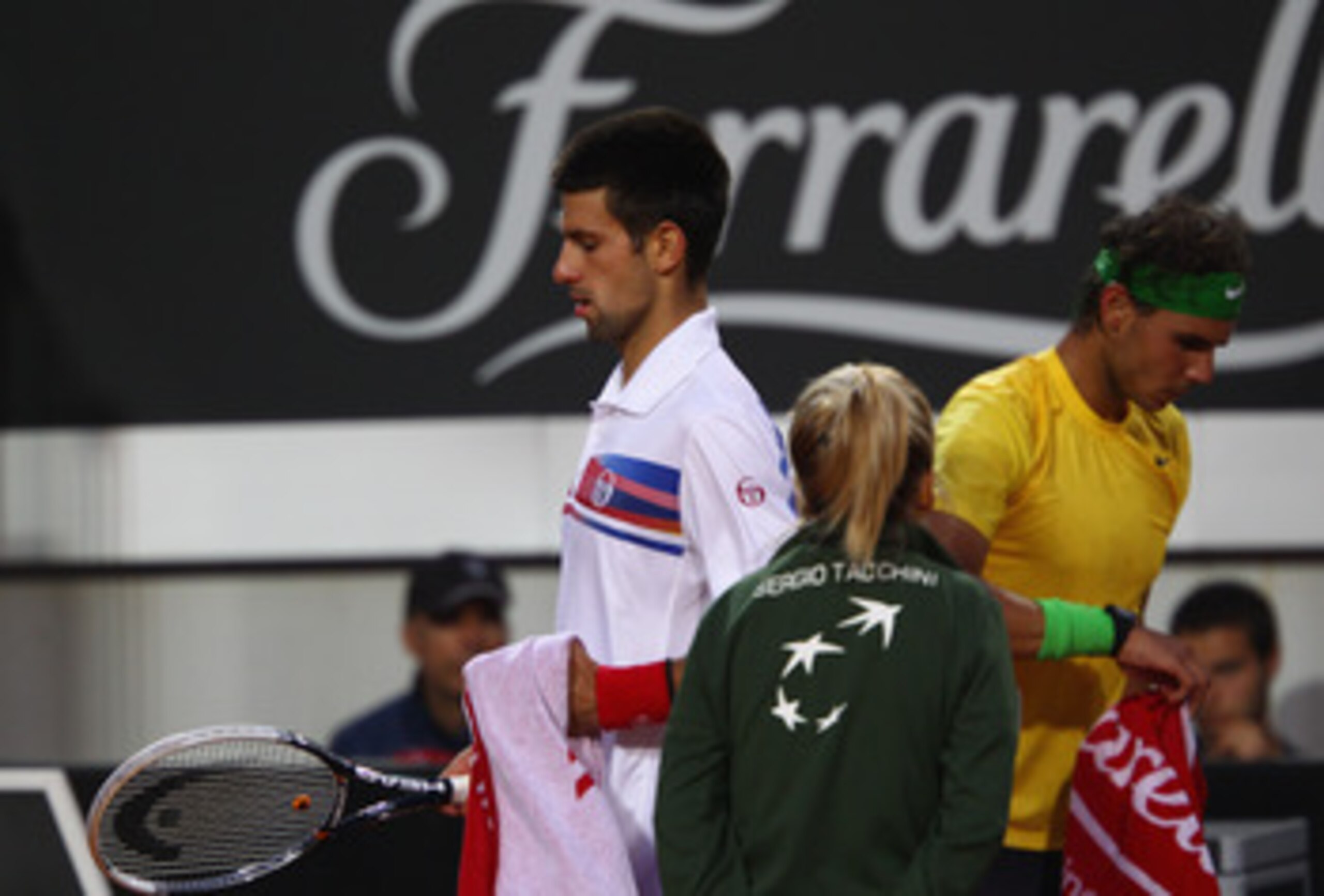 ROME, ITALY - MAY 15:  Novak Djokovic of Serbia walks from the change over during the final against Rafael Nadal of Spain during day eight of the Internazoinali BNL D'Italia at the Foro Italico Tennis Centre on May 15, 2011 in Rome, Italy.  (Photo by Cliv