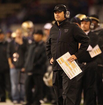 SEATTLE - OCTOBER 30:  Head coach Steve Sarkisian of the Washington Huskies looks on during the game against the Stanford Cardinal on October 30, 2010 at Husky Stadium in Seattle, Washington. Stanford defeated Washington 41-0. (Photo by Otto Greule Jr/Get