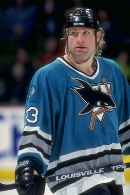 1997:  Marty McSorely #33 of the San Jose Sharks in action during a game against the Calgary Flames at the Canadien Airlines Saddledome in Calgary, Canada. Mandatory Credit: Ian Tomlinson  /Allsport