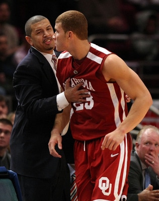 NEW YORK - NOVEMBER 28:  Blake Griffin #23 of the Oklahoma Sooners talks with head coach Jeff Capel against the Purdue Boilermakers during the Championship game of the Pre-Season NIT tournament on November 28, 2008 at Madison Square Garden in New York Cit