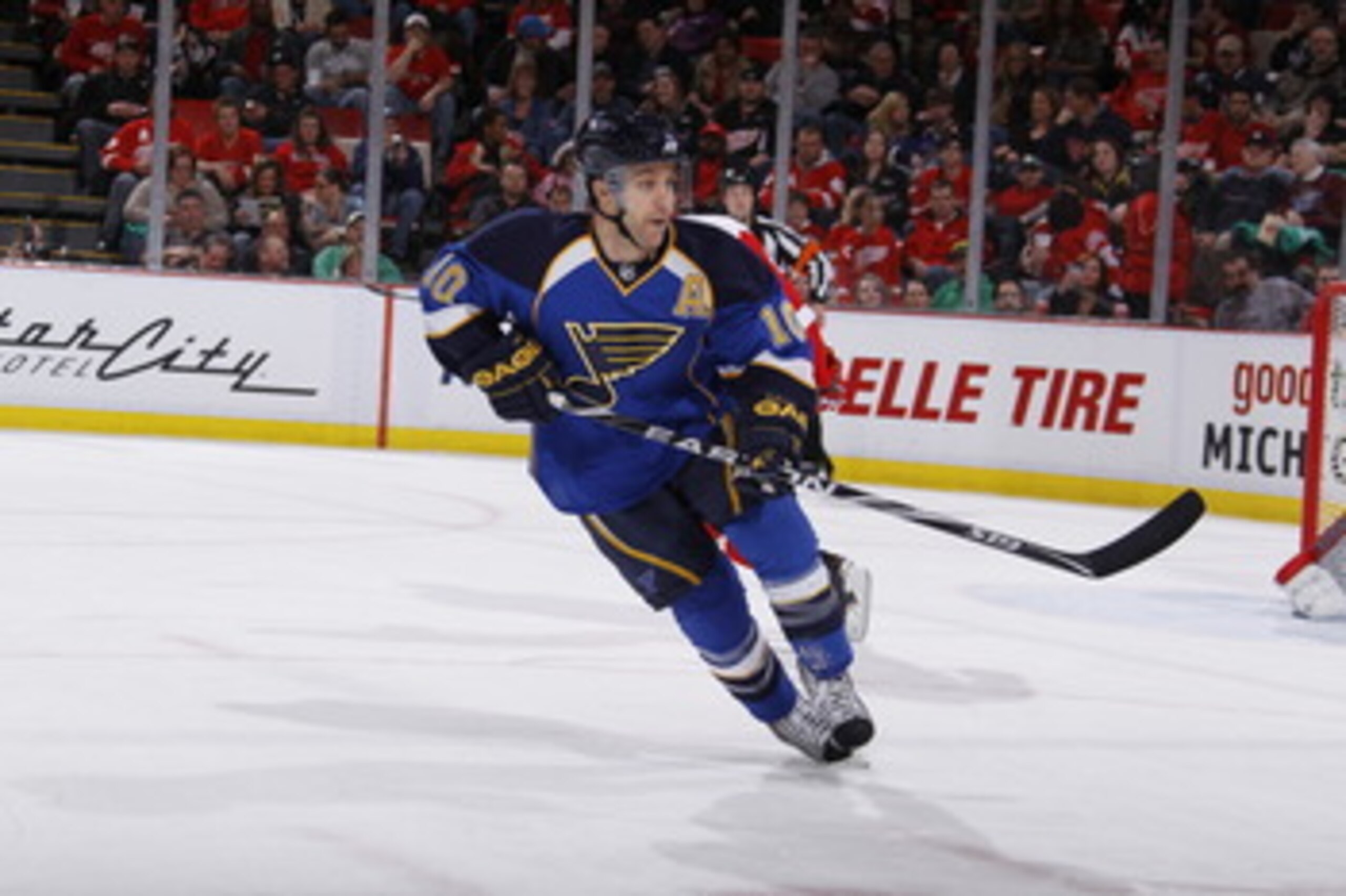 DETROIT, MI - MARCH 30: Andy McDonald #10 of the St. Louis Blues skates against the Detroit Red Wings at Joe Louis Arena on March 30, 2011 in Detroit, Michigan. (Photo by Gregory Shamus/Getty Images) DETROIT, MI - MARCH 30: Andy McDonald #10 of the St. Louis Blues skates against the Detroit Red Wings at Joe Louis Arena on March 30, 2011 in Detroit, Michigan. (Photo by Gregory Shamus/Getty Images)