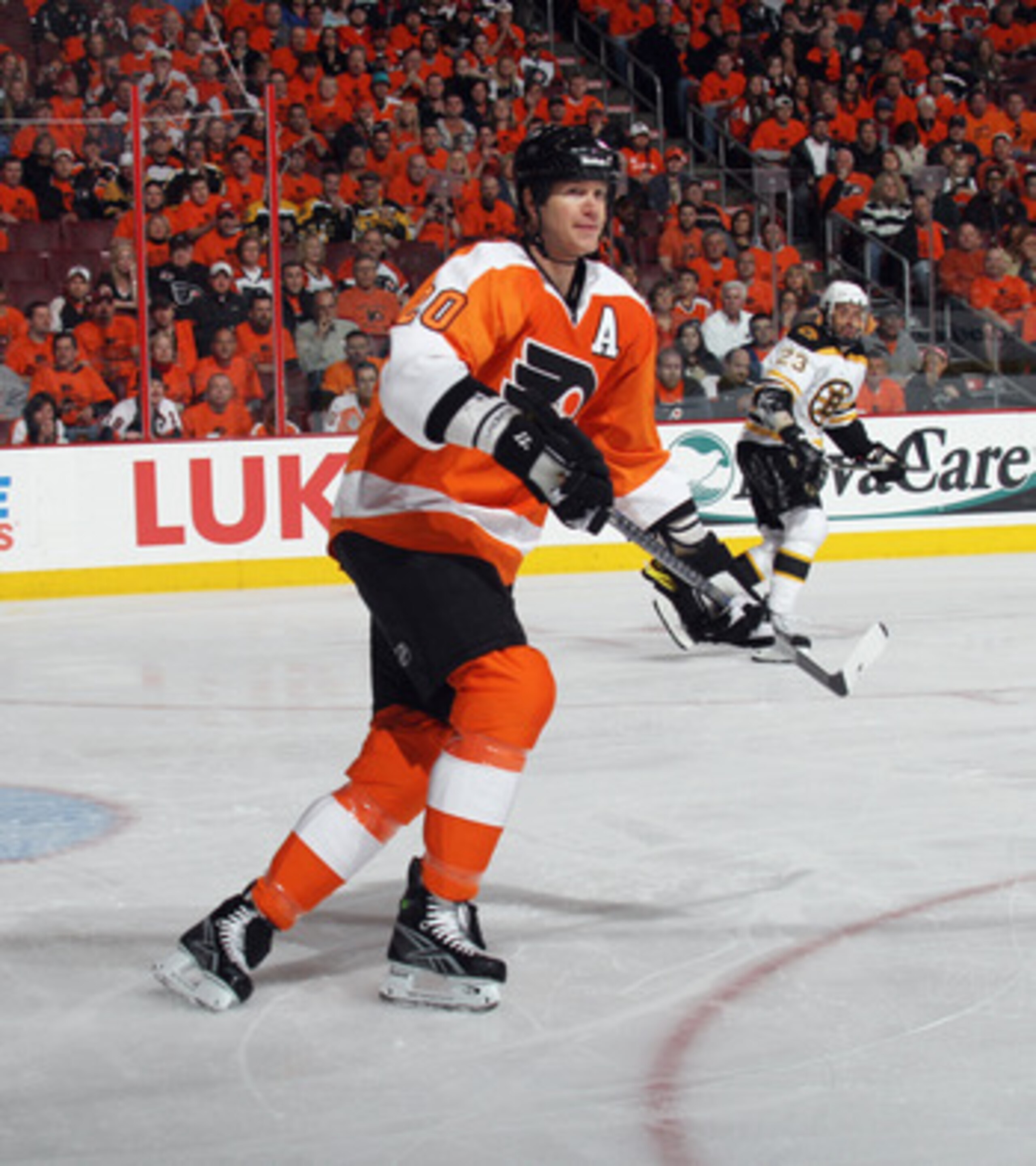 PHILADELPHIA, PA - APRIL 30:  Chris Pronger #20 of the Philadelphia Flyers skates against the Boston Bruins in Game One of the Eastern Conference Semifinals during the 2011 NHL Stanley Cup Playoffs at the Wells Fargo Center on April 30, 2011 in Philadelph